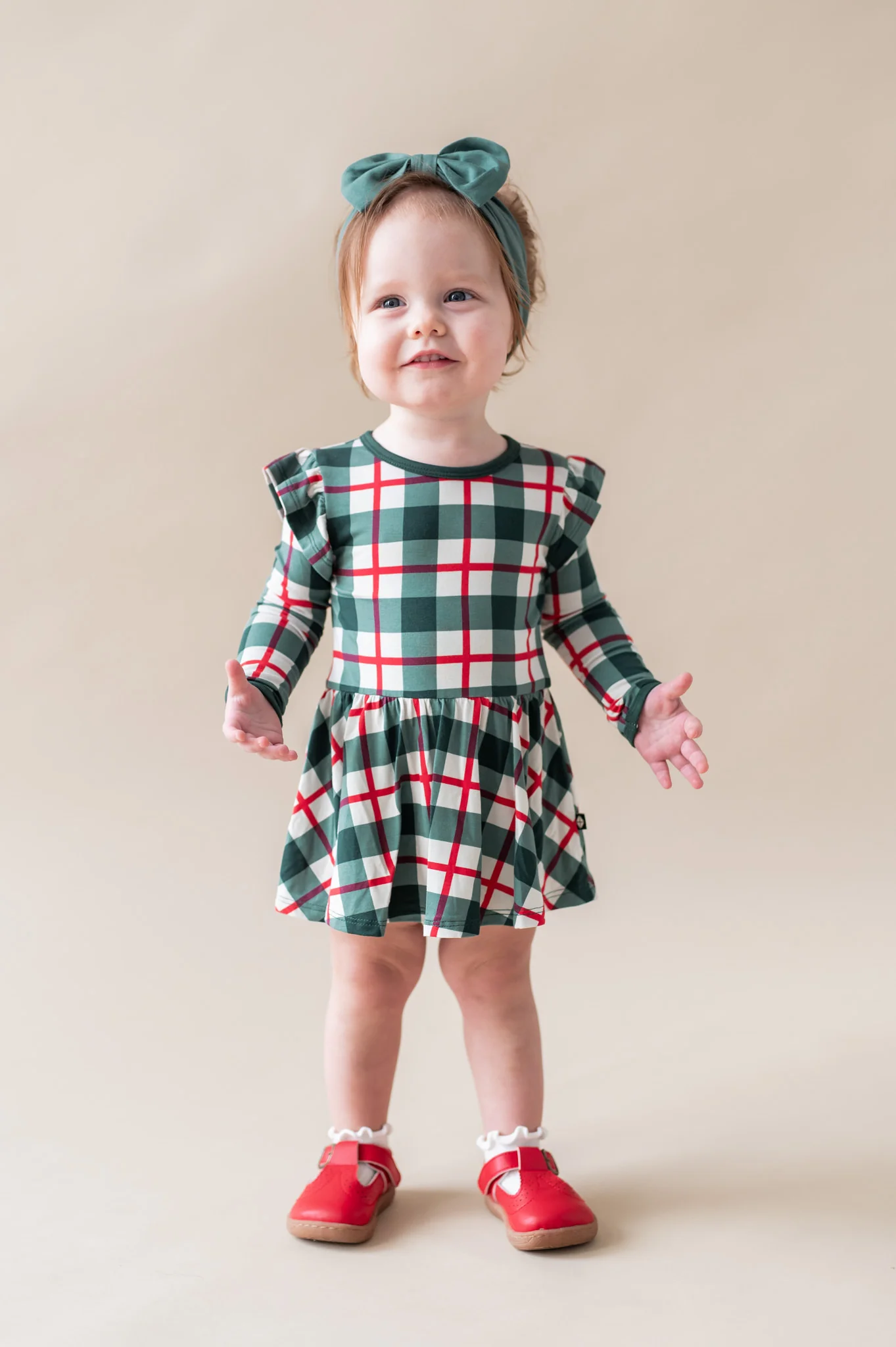 Long Sleeve Twirl Bodysuit Dress in Holiday Plaid