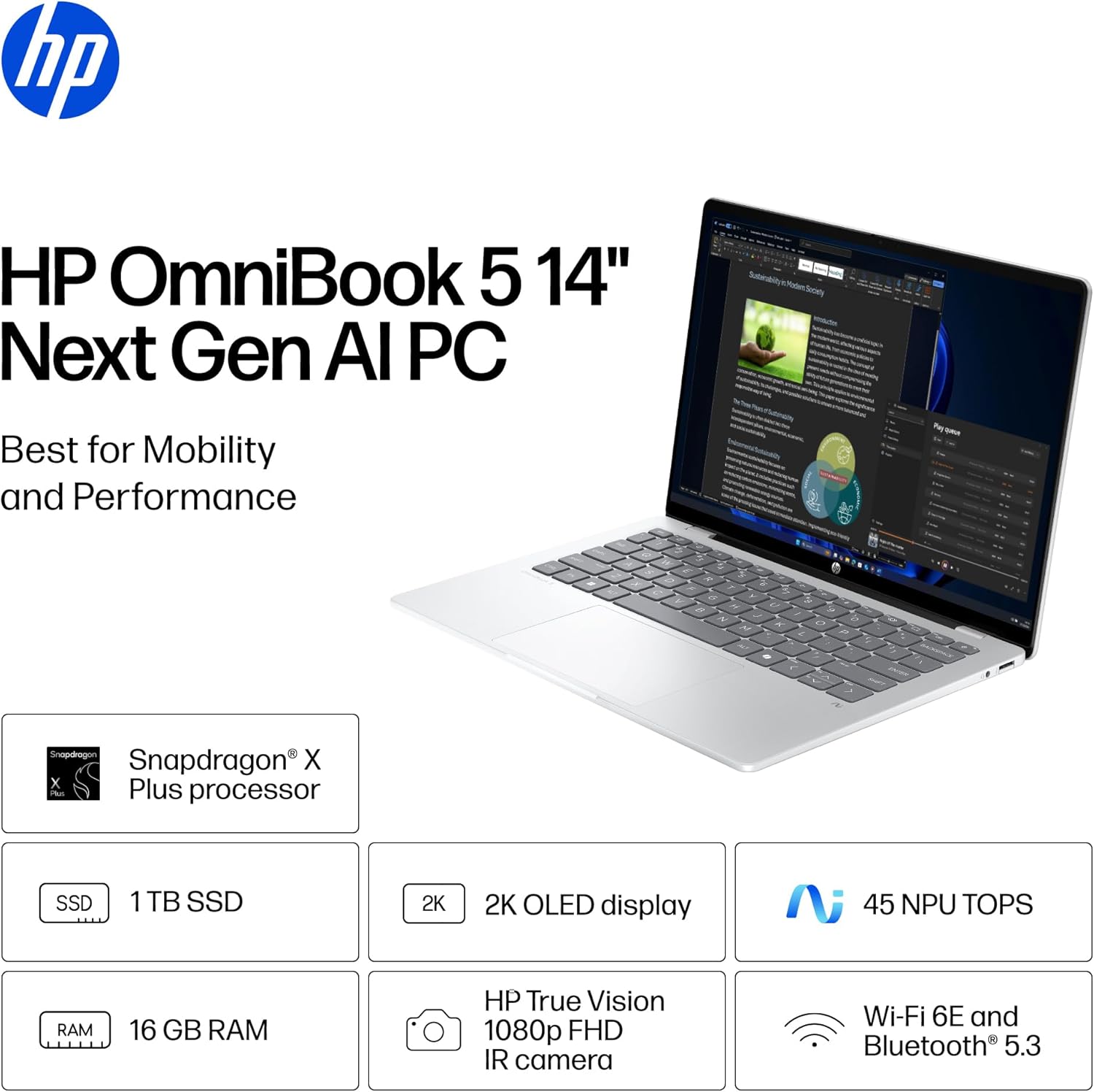 HP OmniBook 5 14 inch Next Gen AI PC  OLED Display  Snapdragon X Plus X1P-42-100  16 GB RAM  1 TB SSD  Qualcomm Adreno GPU  Windows 11 Home  Glacier Silver  14-he0099nr
