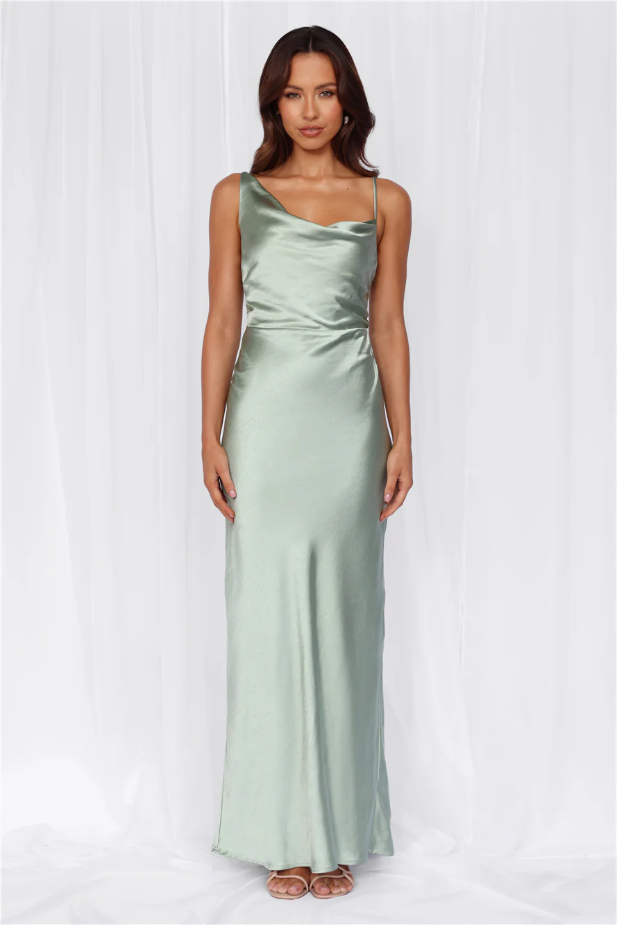HELLO MOLLY The Madeline Cowl Satin Maxi Dress Sage
