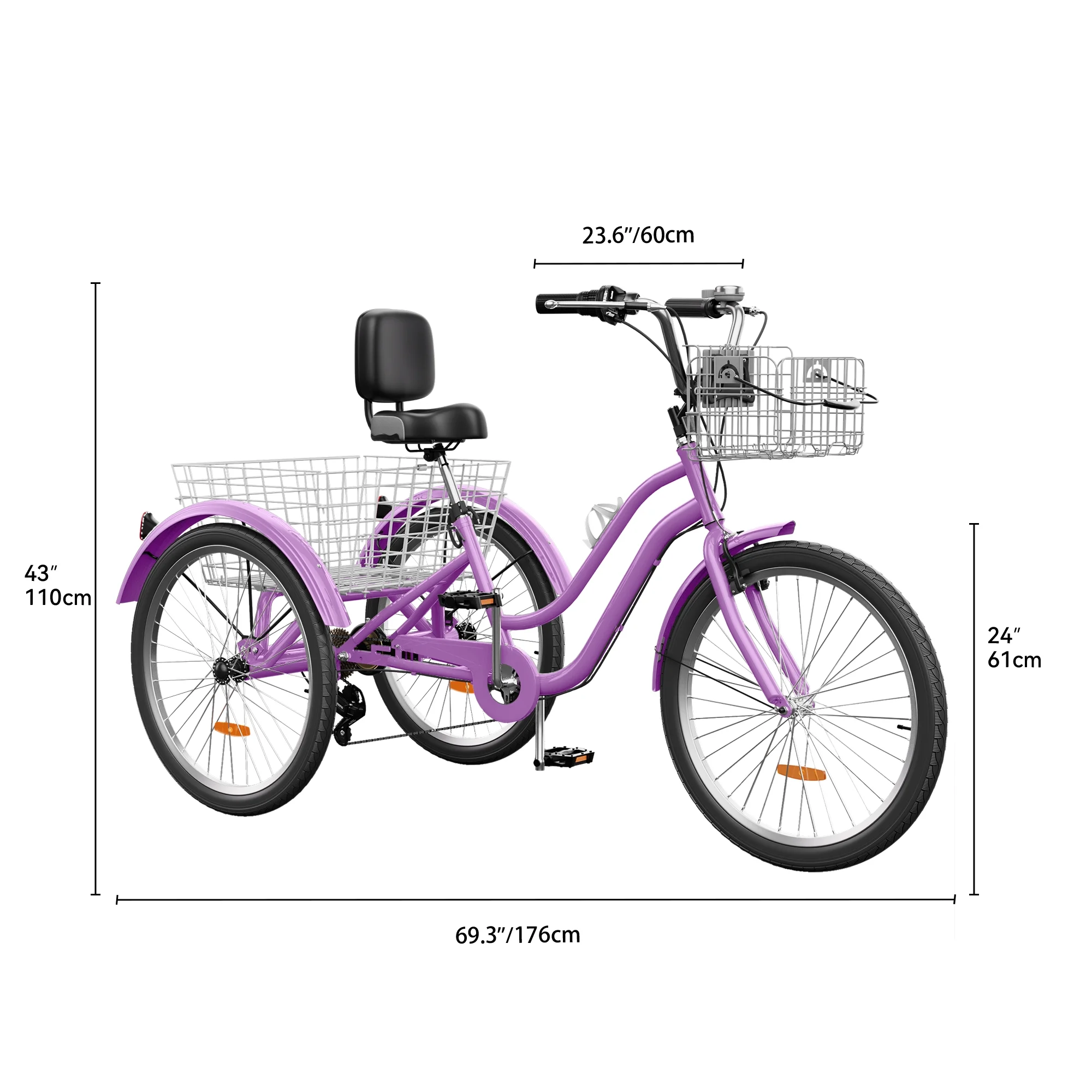 Dextrus 24 in 3 - Wheel Bike, Single Speed Adult Trike, Low Step - Through Cruiser with Front & Rear Baskets, Large Adjustable Seat with Backrest for Seniors, Men, and Women (Purple)