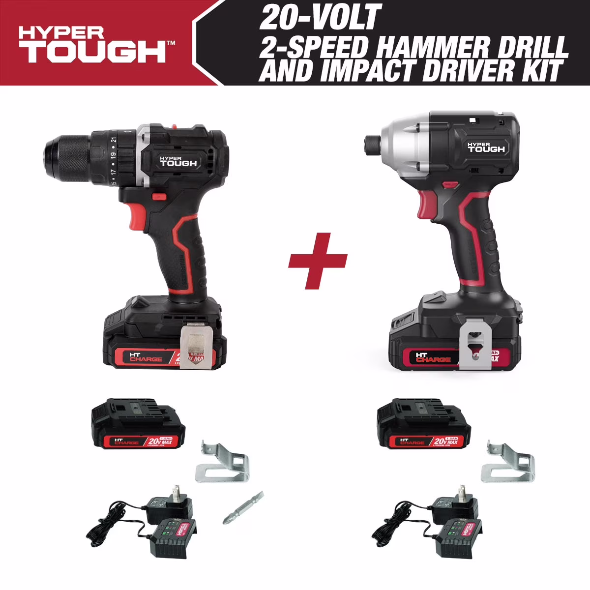 Hyper Tough 20V 1/4�� Impact Driver & 1/2�� 2-Speed Hammer Drill Bundle, (2) 1.5Ah Lithium-Ion Batteries & (2) Chargers