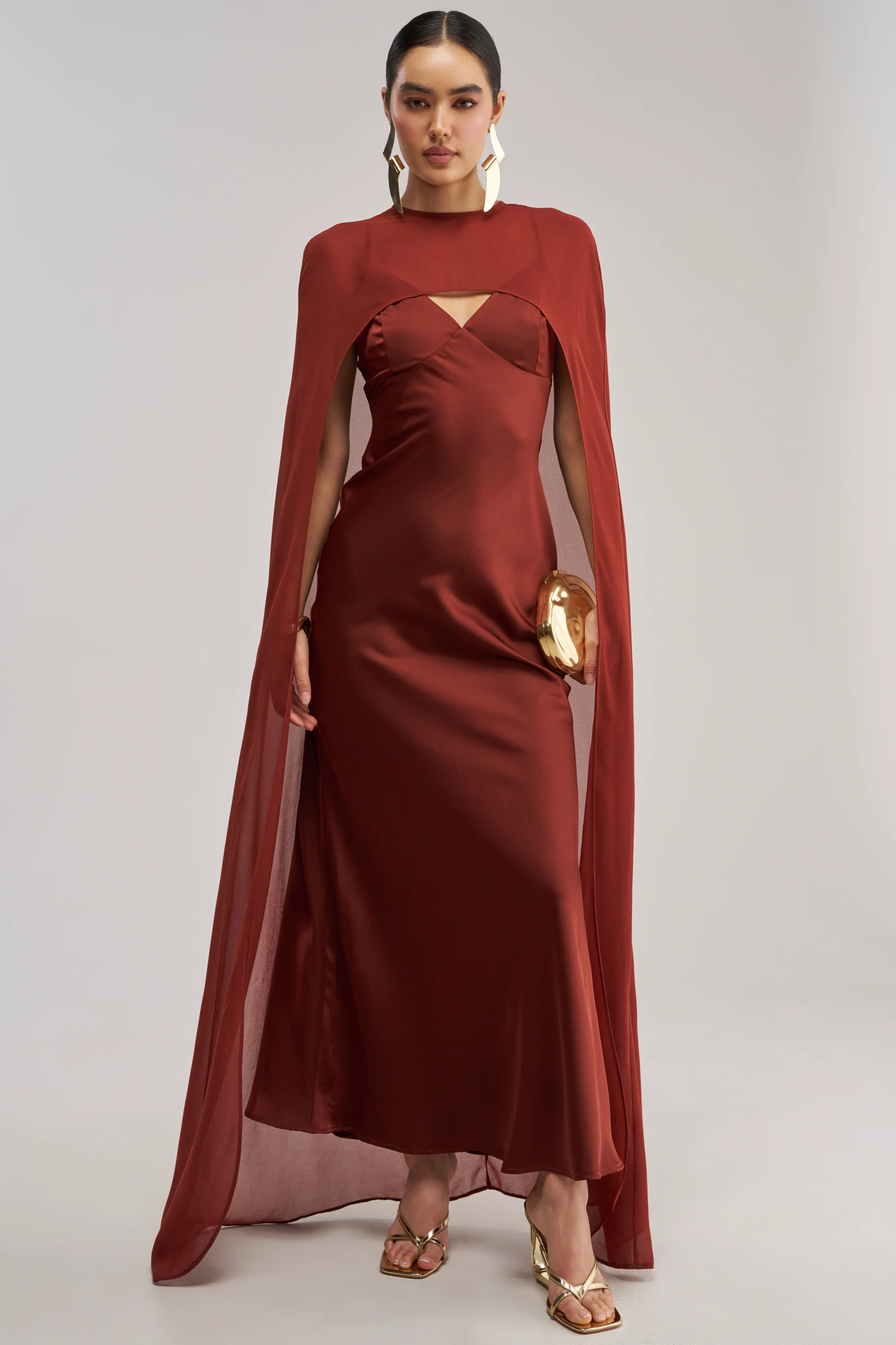 AFTER DARK SATIN CAPE MAXI DRESS - Akira Store