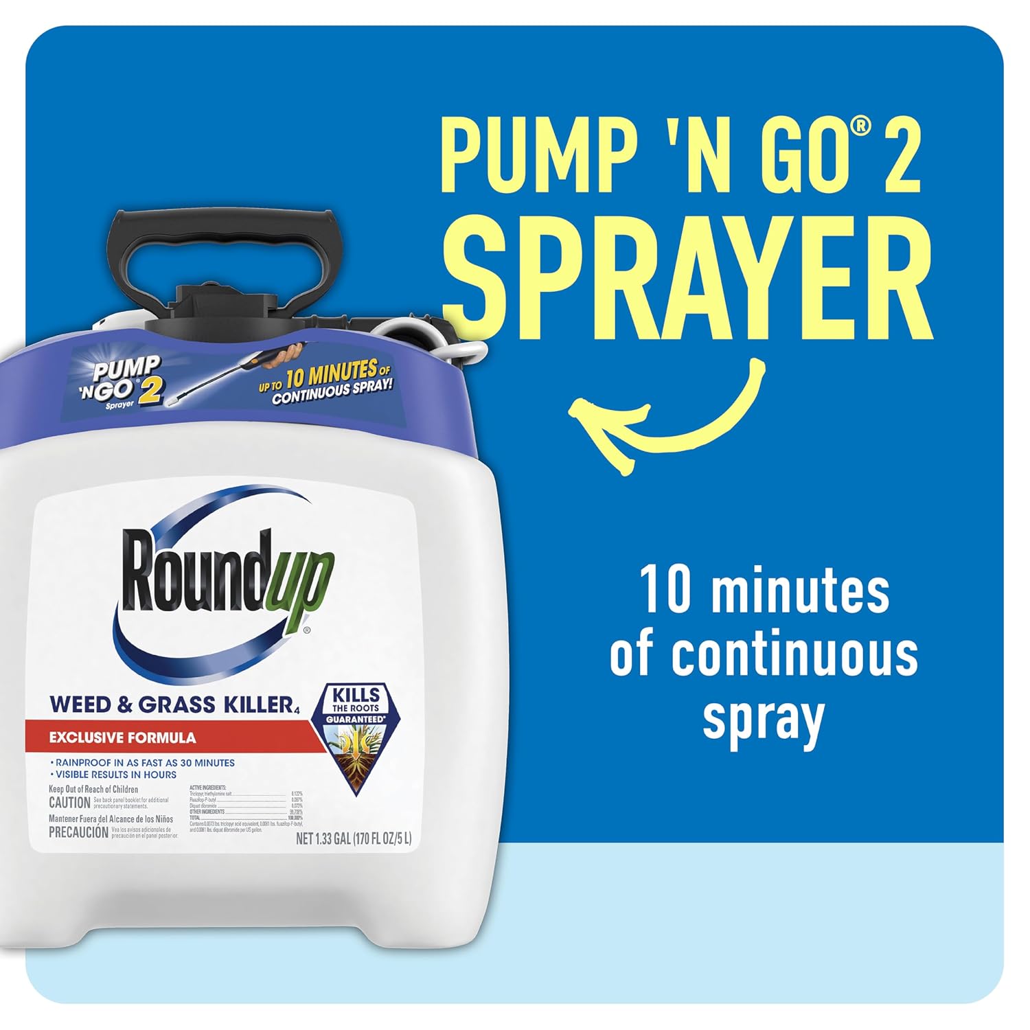 Roundup Weed & Grass Killer4 with Pump 'N Go 2 Sprayer, 1.33 gal| Weed Killer, Use In and Around Flower Beds and Driveways, Visible Results in Hours, Up to 10 Minutes of Continuous Spray