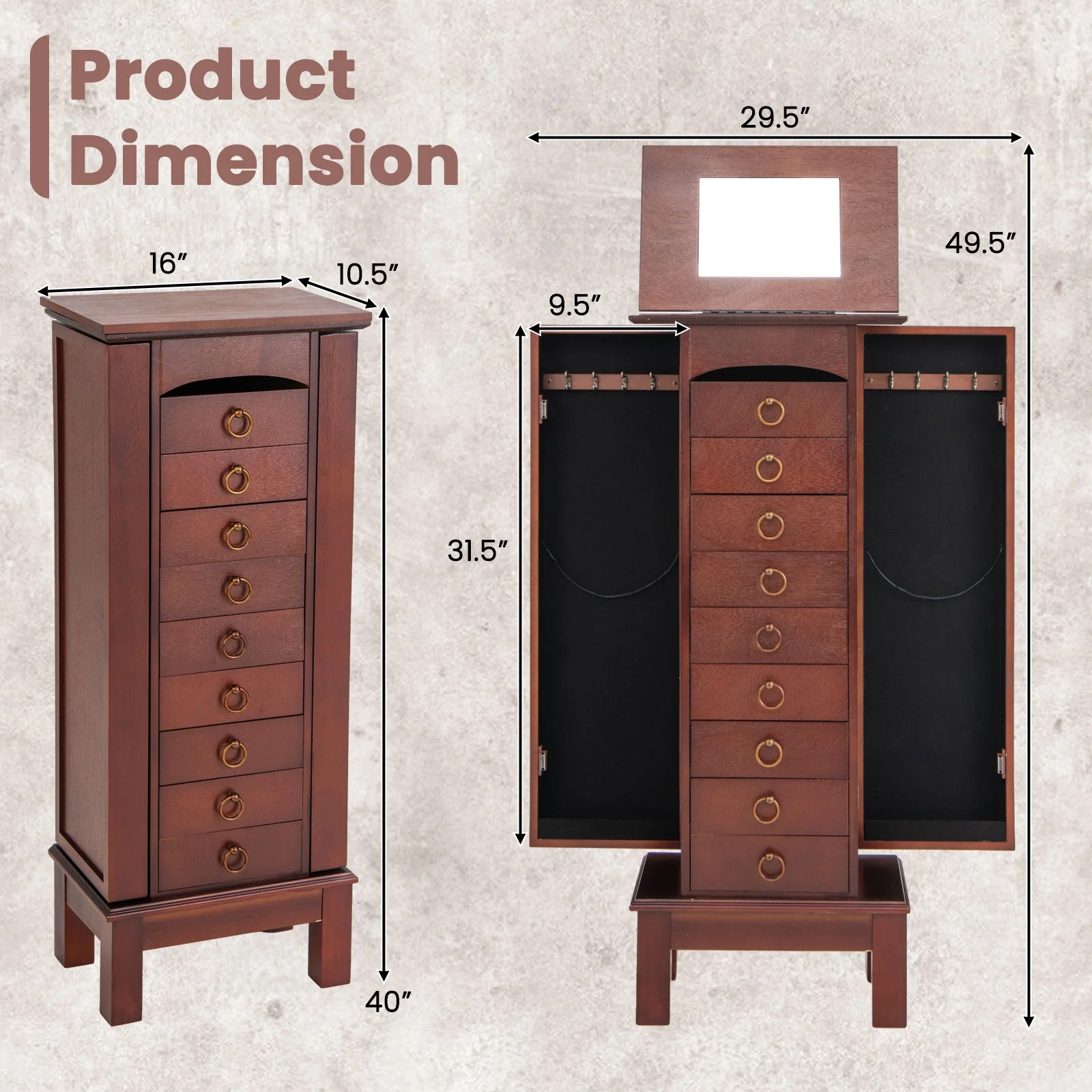 Wood Jewelry Cabinet Armoire Storage Box Chest Stand Organizer Indoor Bedroom - Image 2