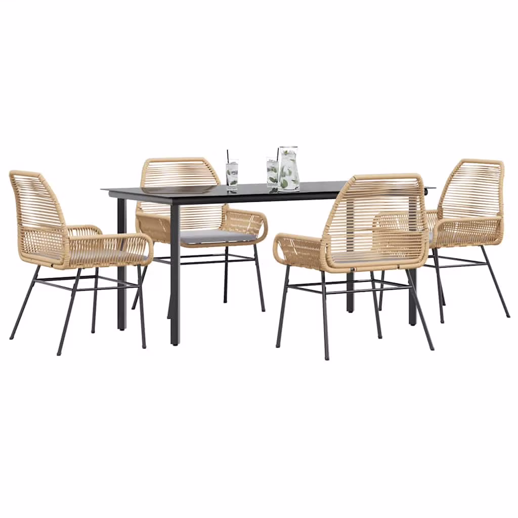 Vidaxl 7 Piece Patio Dining Set with Cushions Black Poly Rattan Glass
