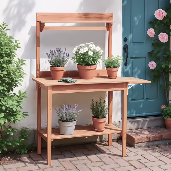 Outdoor Garden Potting Bench Table with Folding Pallet, Wooden Horticulture Planting Worstation with Metal Tabletop and Storage Shelves, Natural Wood