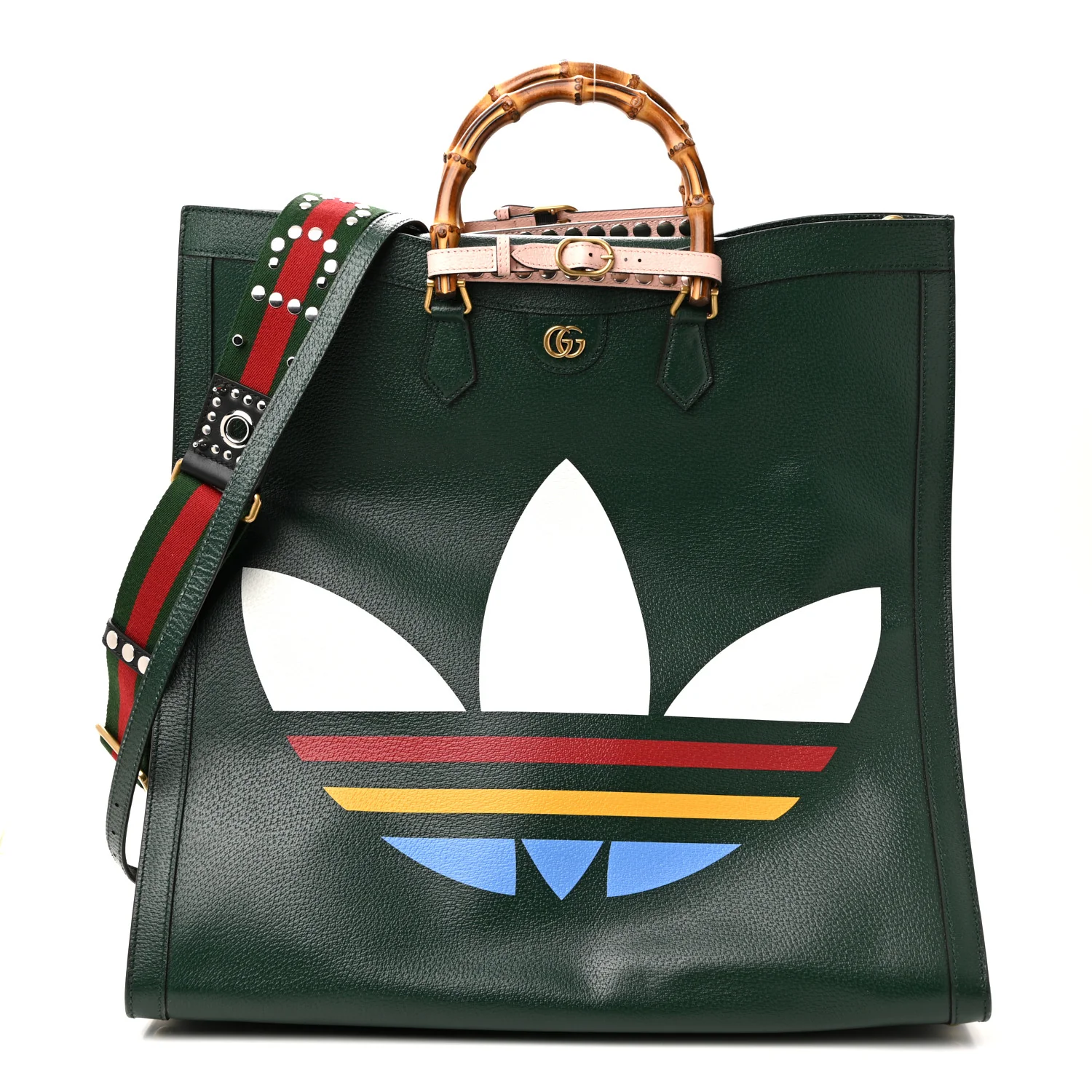X Adidas Textured Dollar Calfskin Stripe Studded Maxi Diana Tote Bag Vintage Green Multicolor