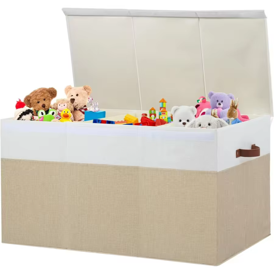 Beige white kids toy organizer box with lid