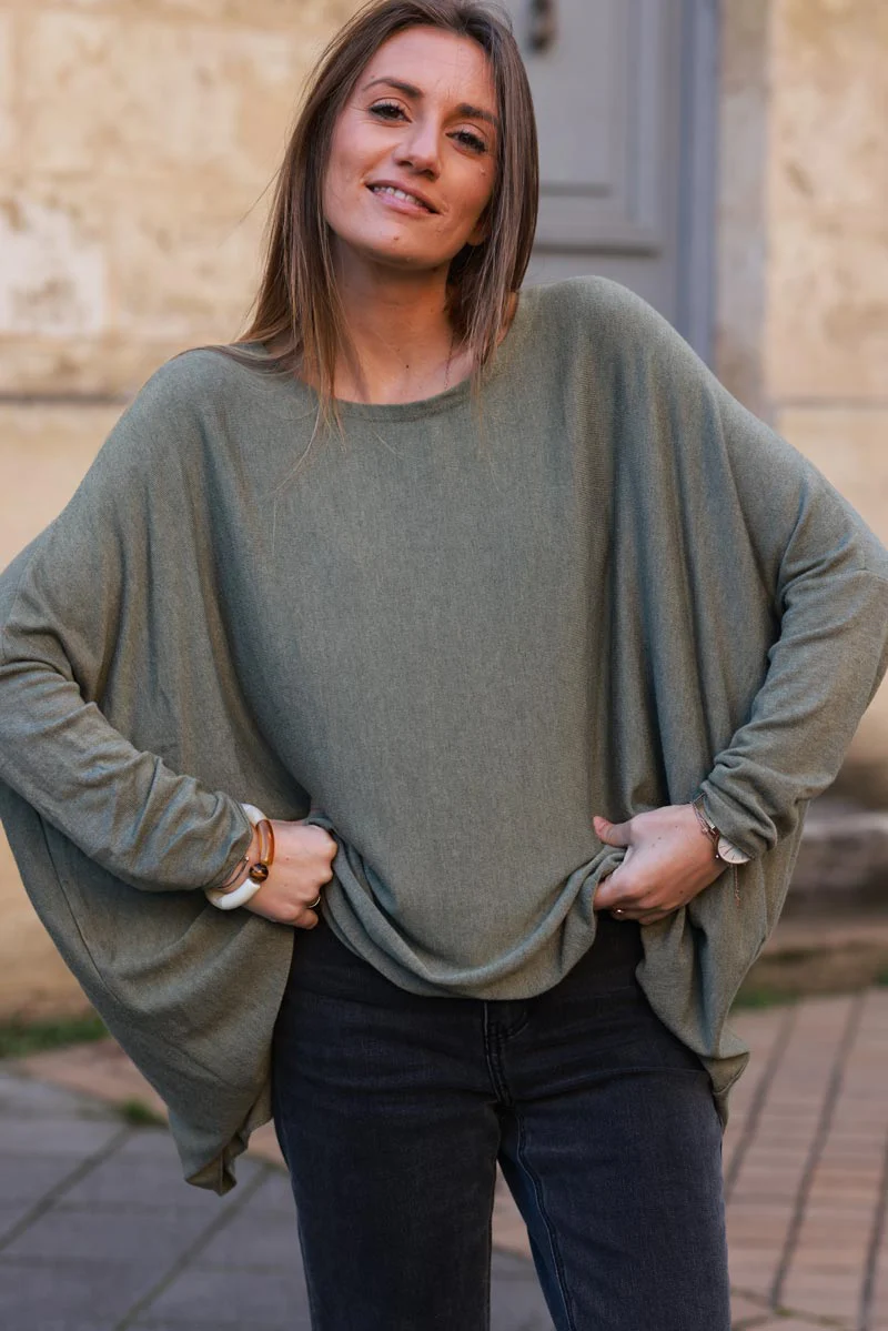 Pull large kaki manches chauve souris