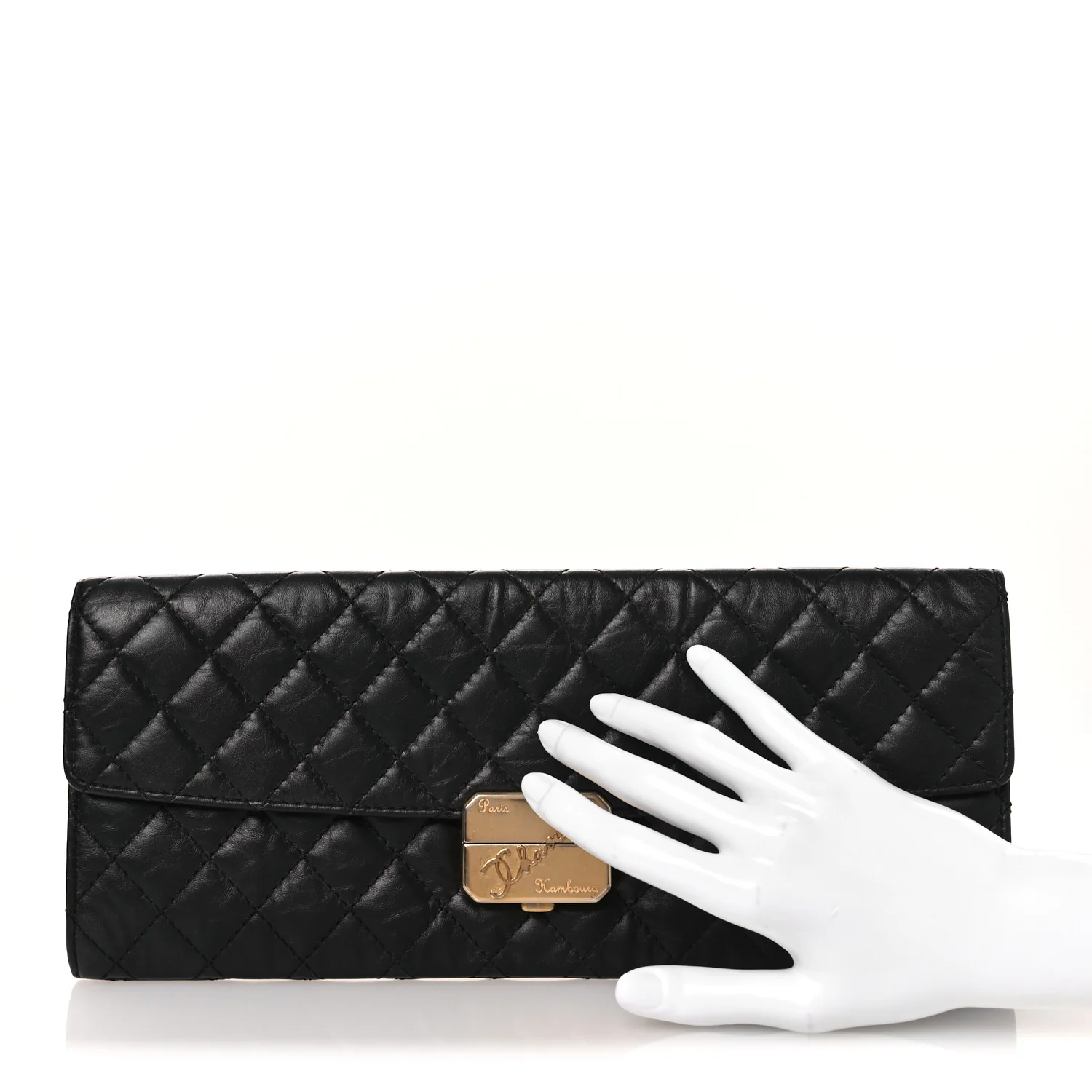 Metallic Aged Calfskin Quilted Paris Hamburg Clutch Black
