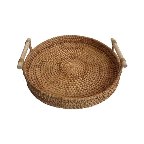 Round Rattan Serving Tray Hand-Woven With Handles Round Decorative Wicker Trays For Breakfast Coffee Table Home Decoration 11
