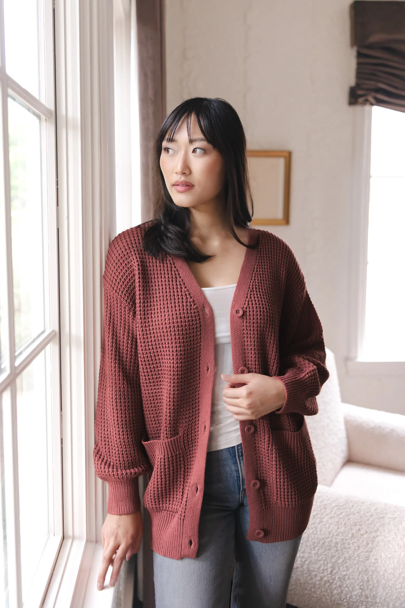 Chunky Knit Women's Waffle Cardigan in Ember