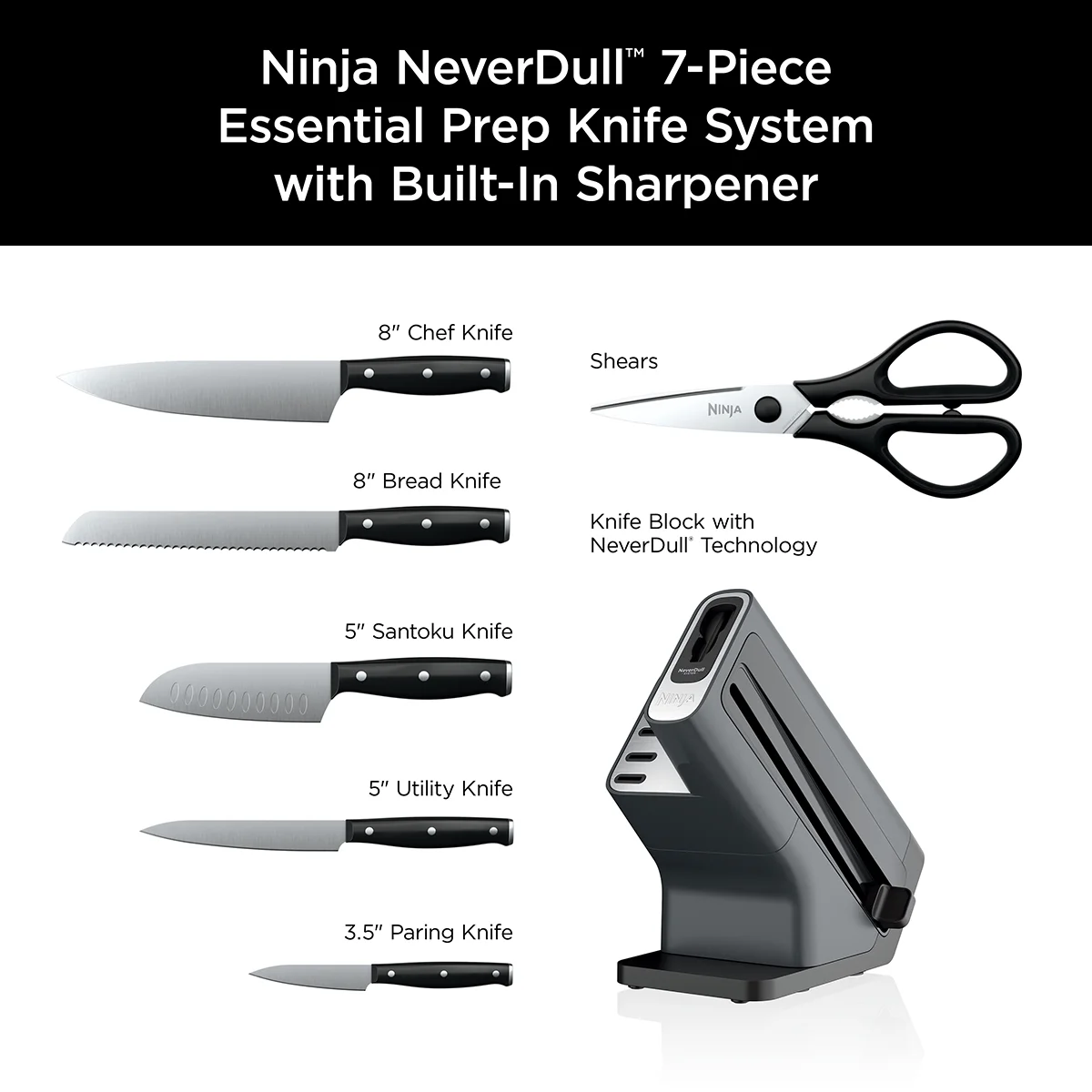 Ninja? Neverdull? 7 - Piece Prep Knife System, Essential, Stainless Steel, Built - in Sharpener, K12007BRN