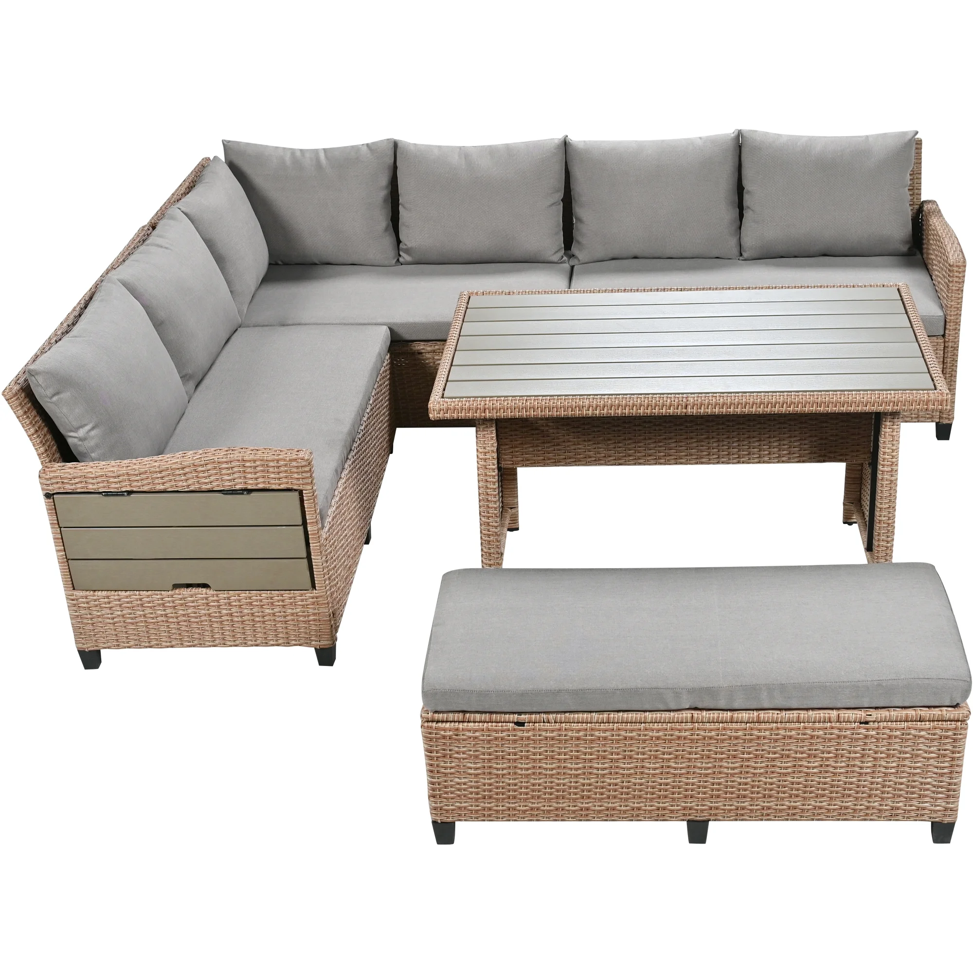 Outdoor Rattan Sectional Sofa Set with Dining Table, Patio L-Shaped Wicker Conversation Set with 2 Extendable Side Tables, Brown(Brown) - Image 6