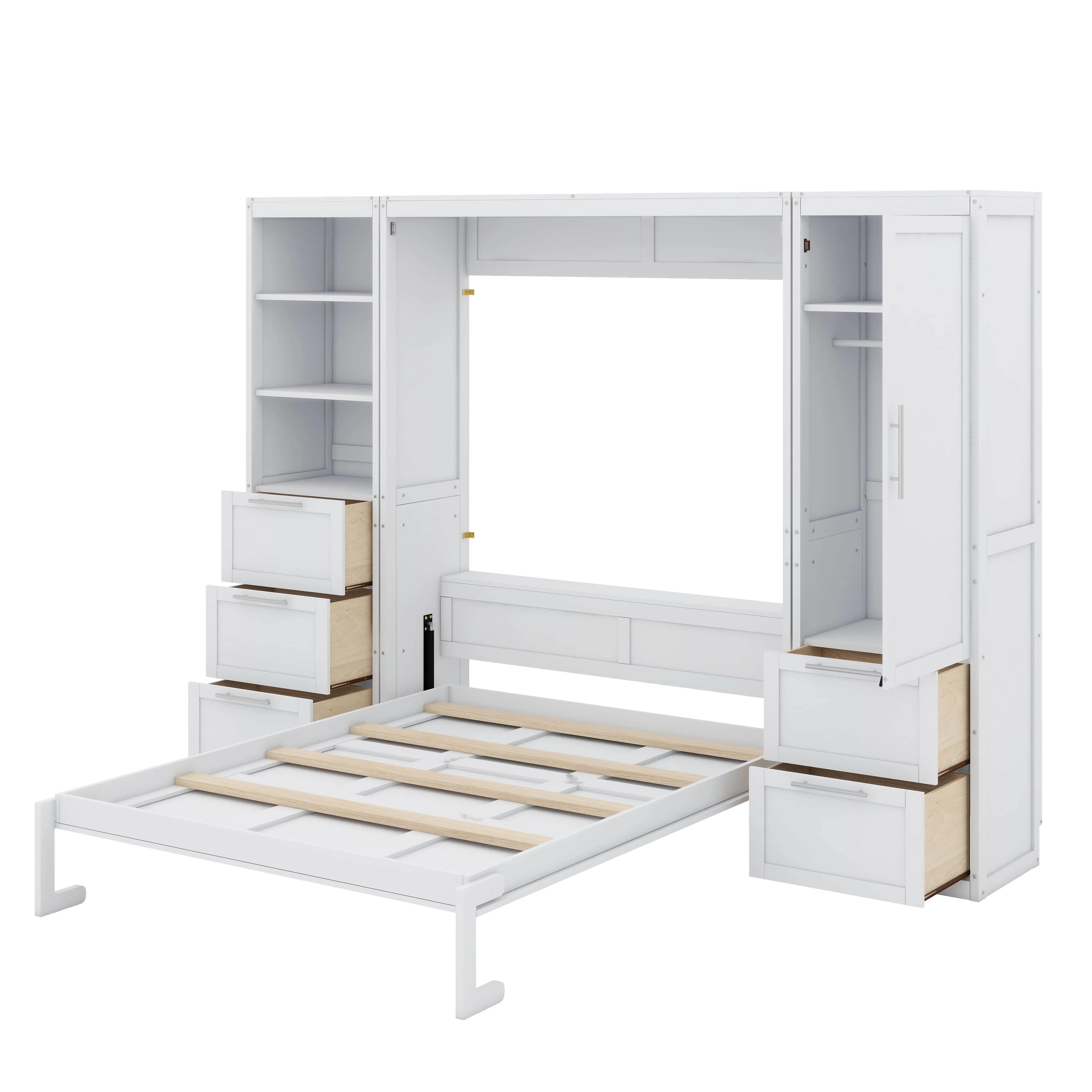 Queen Size Gray Murphy Bed Wall Bed with Closet,Drawers and Shelves(White) - Image 7