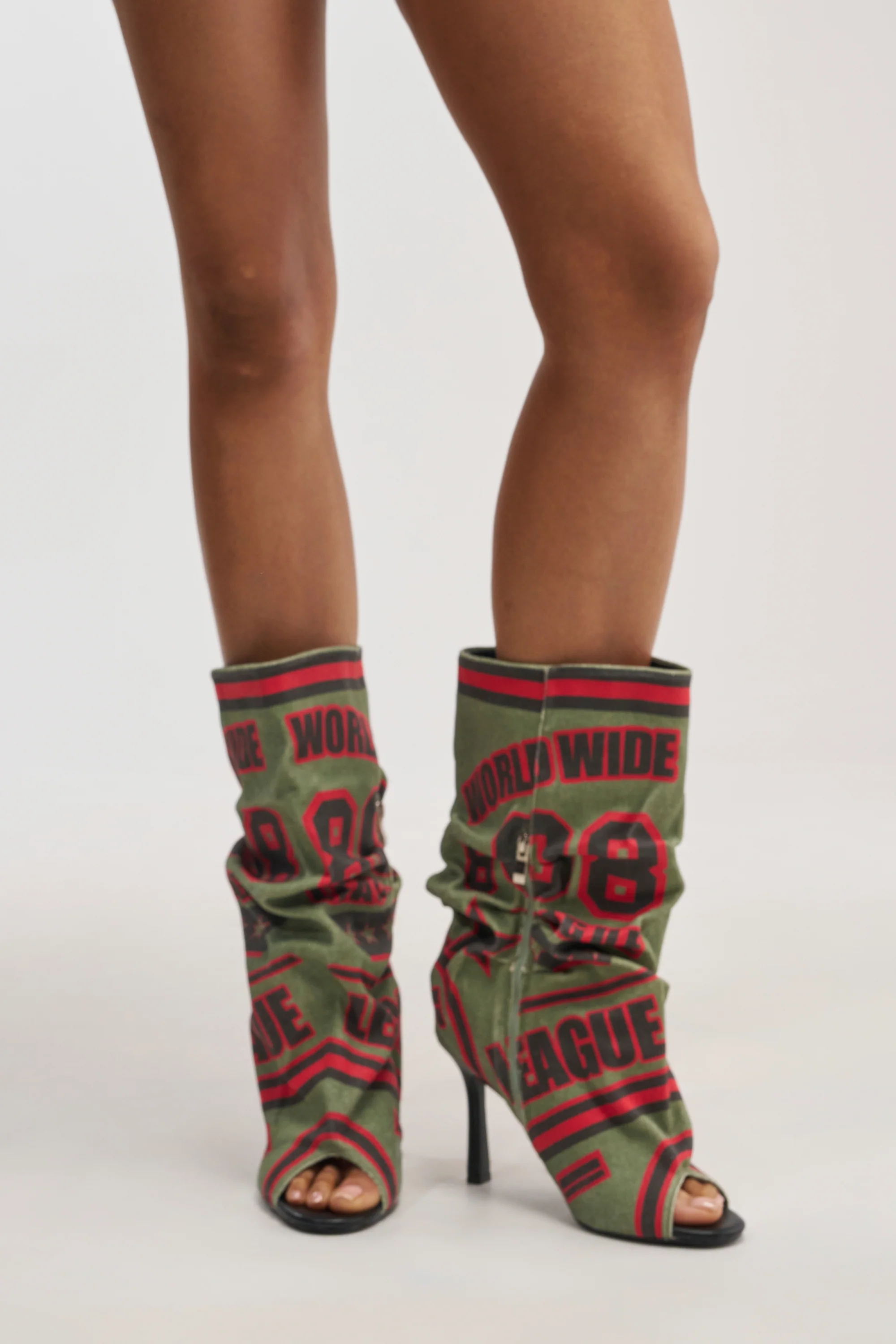 AKIRA GOLD BIG TIME GREEN MULTI CANVAS PRINTED SLOUCH OPEN TOE BOOTIE - Akira Store