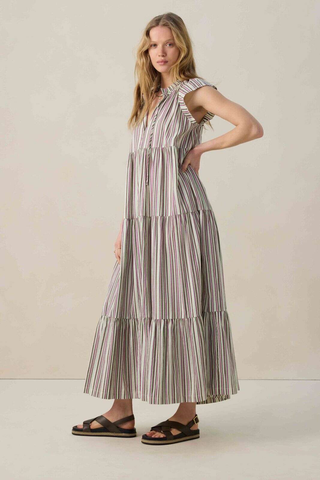 Multicolour gestreepte maxi jurk