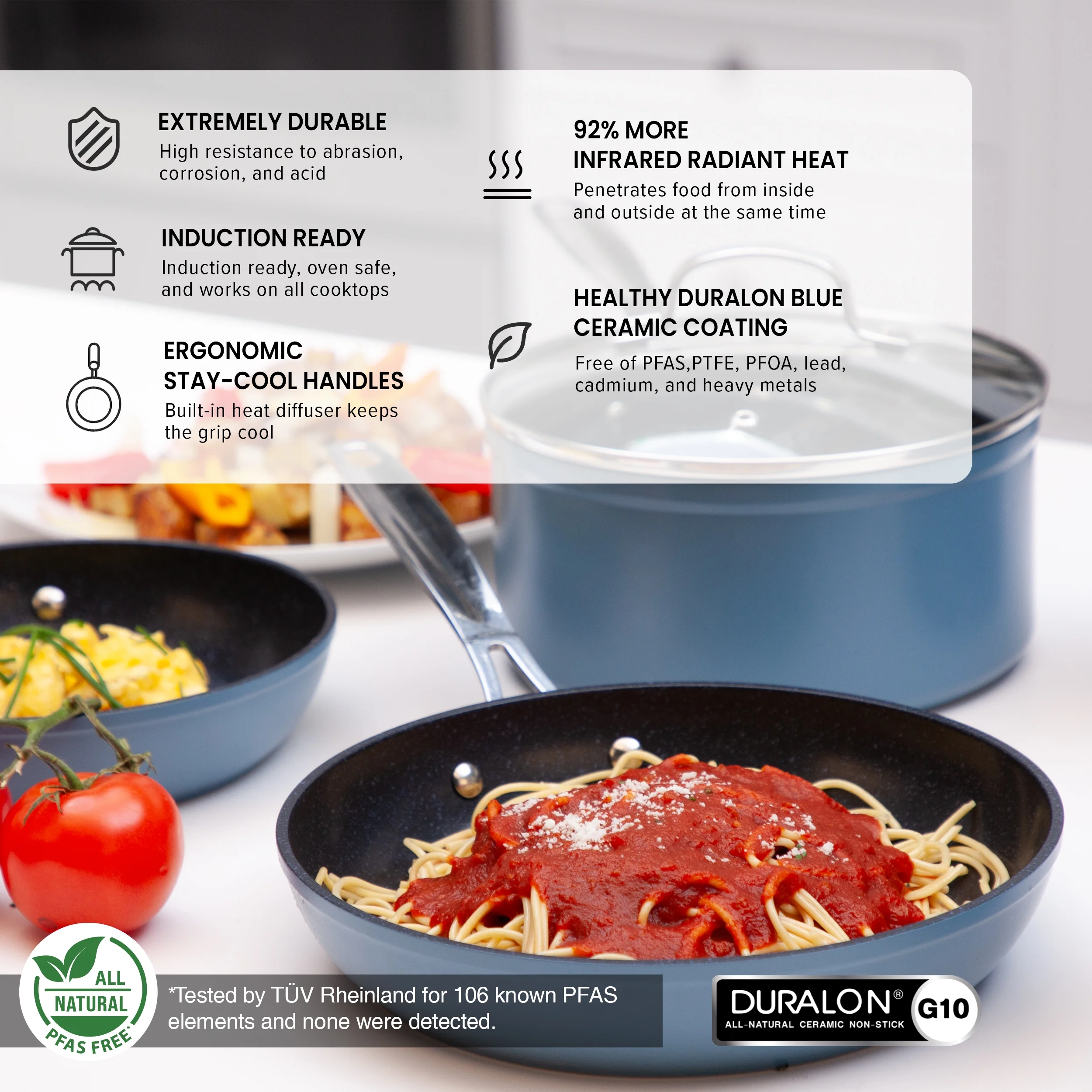 Nuwave 10 Piece Induction Compatible Duralon Blue Ceramic Non - Stick Cookware Set, Cozy Blue