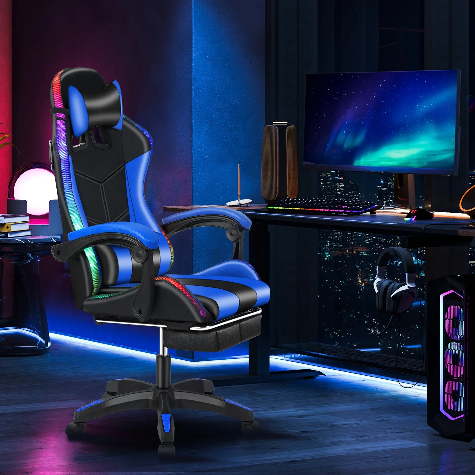 Gaming Chair with Bluetooth Speakers and RGB LED Lights Ergonomic Massage Video Game Chair with Footrest High Back with Lumbar Support(Black Blue) - Image 5