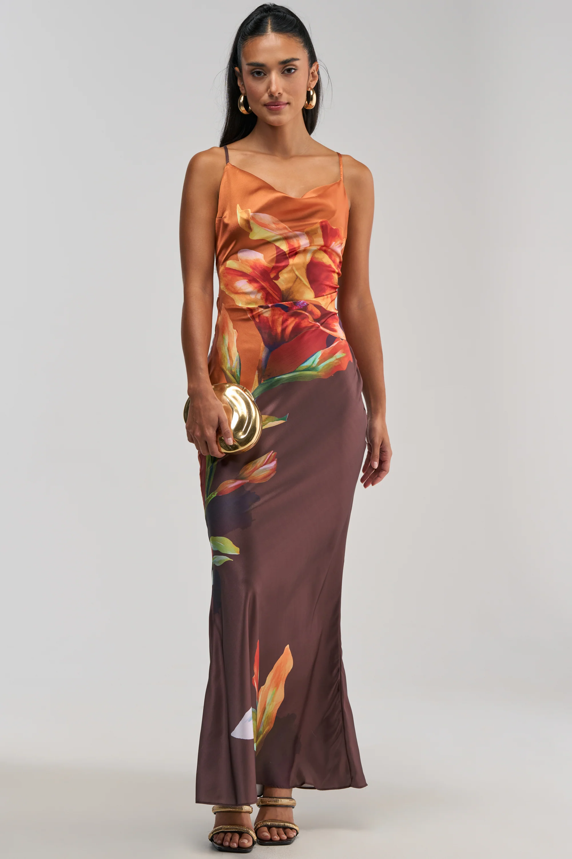 THE MAIN EVENT FLORAL SATIN MAXI DRESS IN ORANGE - Akira Store