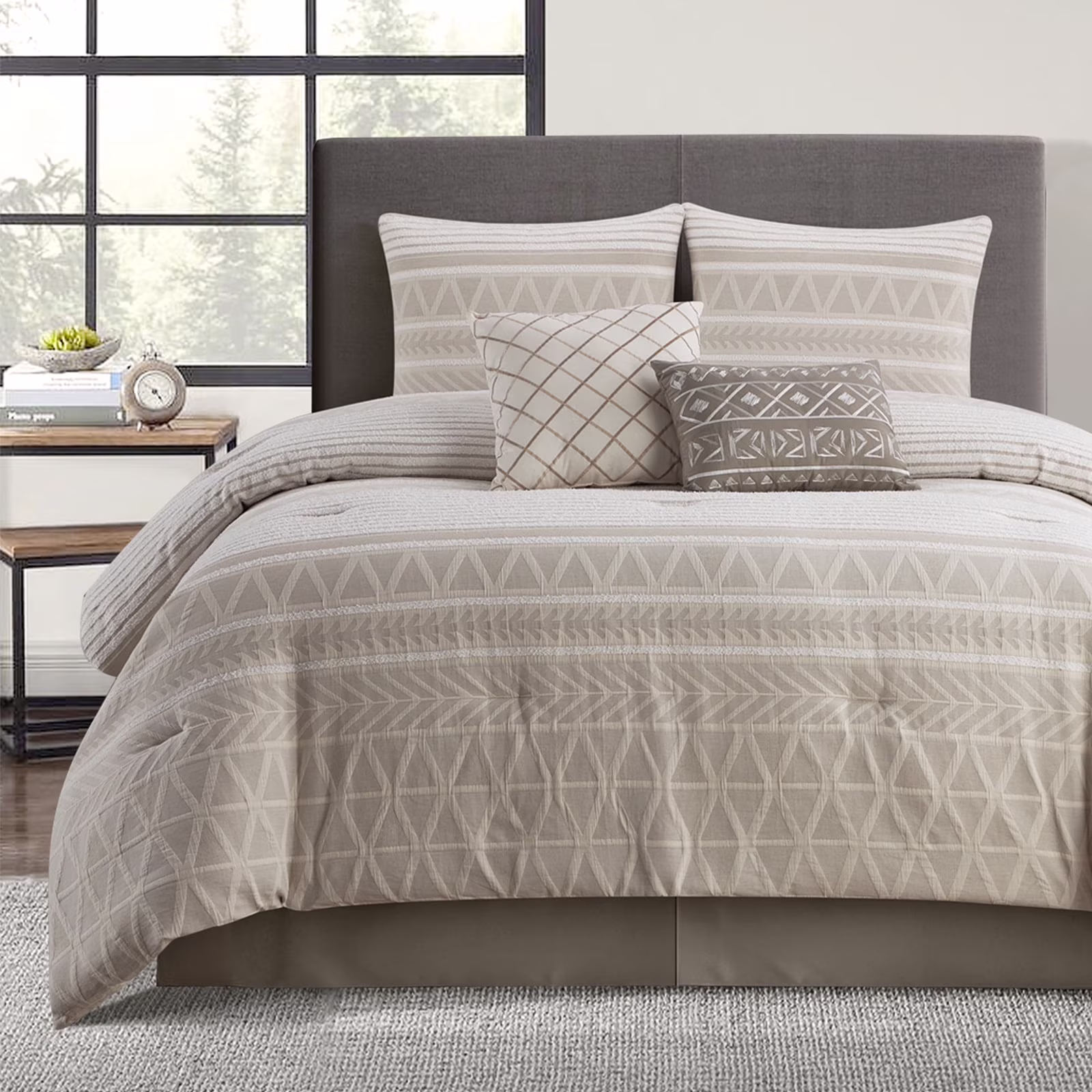 Lanco 100% Cotton Queen Size Comforter Set, 6 Piece, Beige Geometric Jacquard Bedding Set