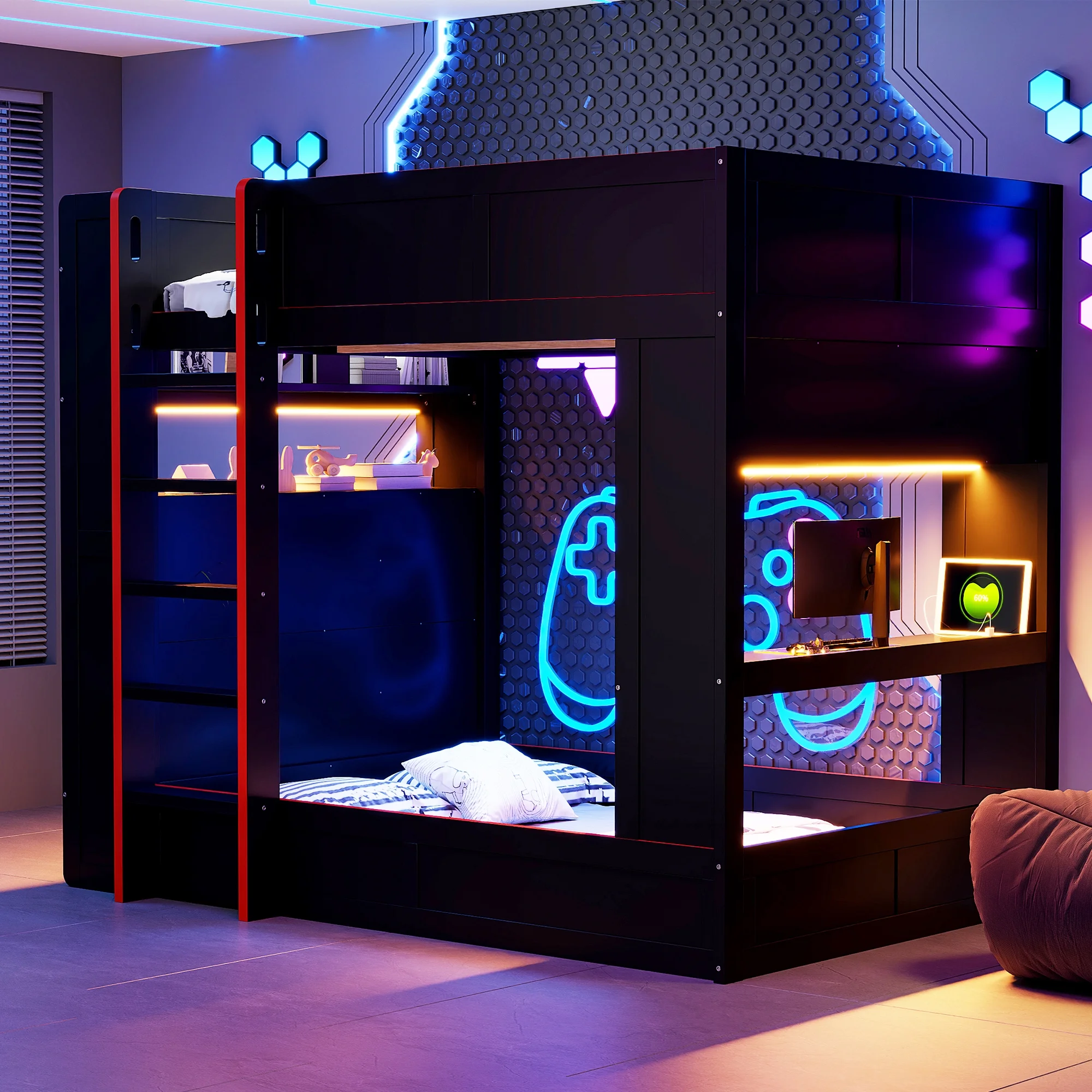 Wood Full Size Loft Bed with Desk and Shelves, Gaming Bunk Bed with LED Light and USB Charging, Black(Black) - Image 6