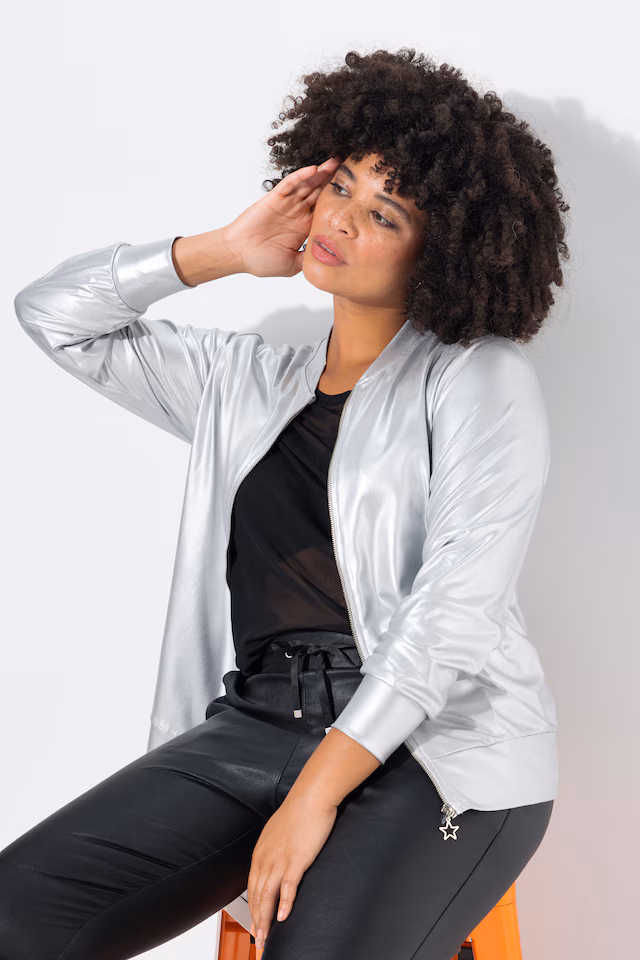 Zippered blouson jacket with metallic silver shimmer