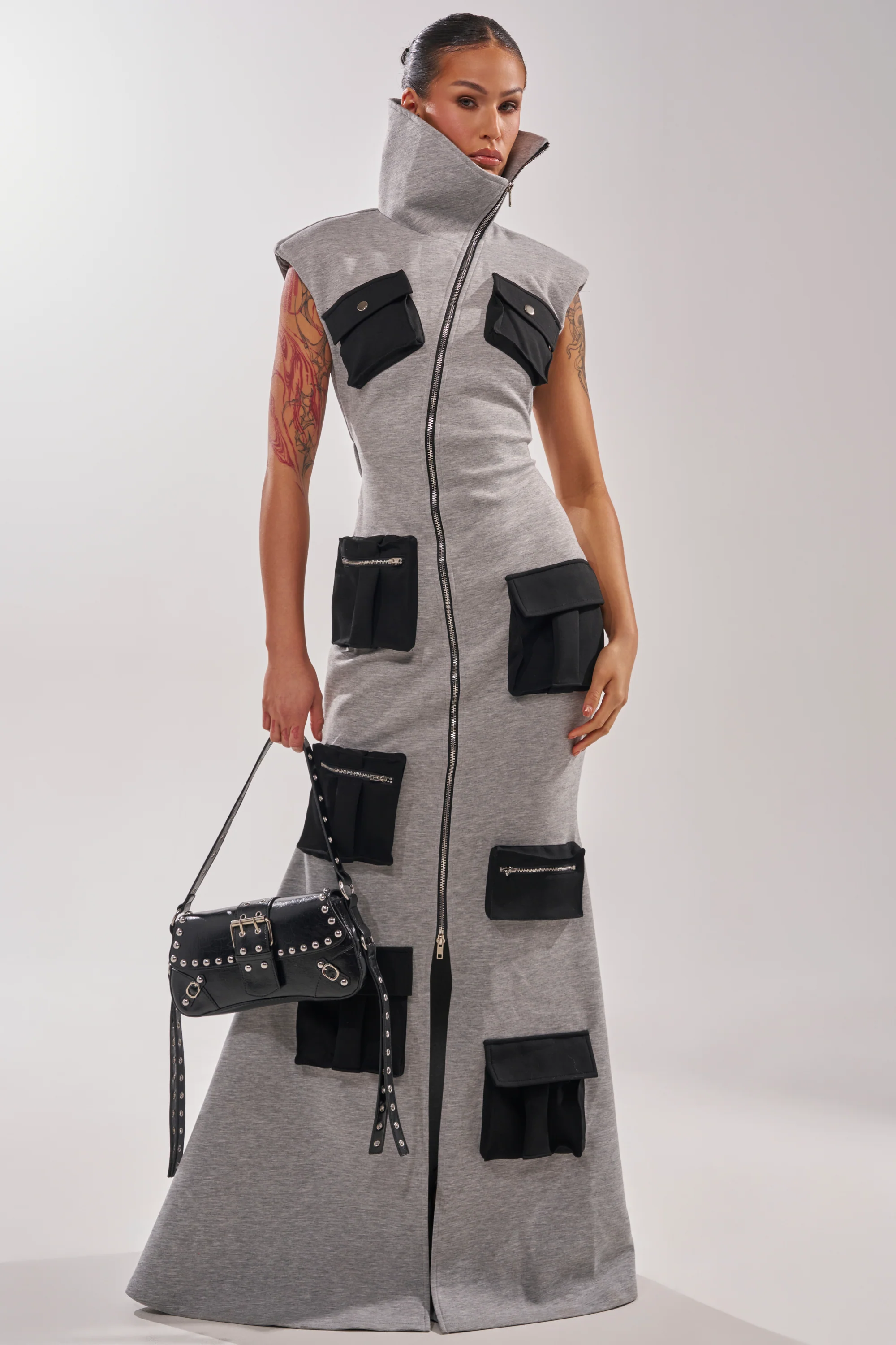DON'T MESS WITH ME COLLARED MAXI DRESS IN GREY SCUBA - Akira Store