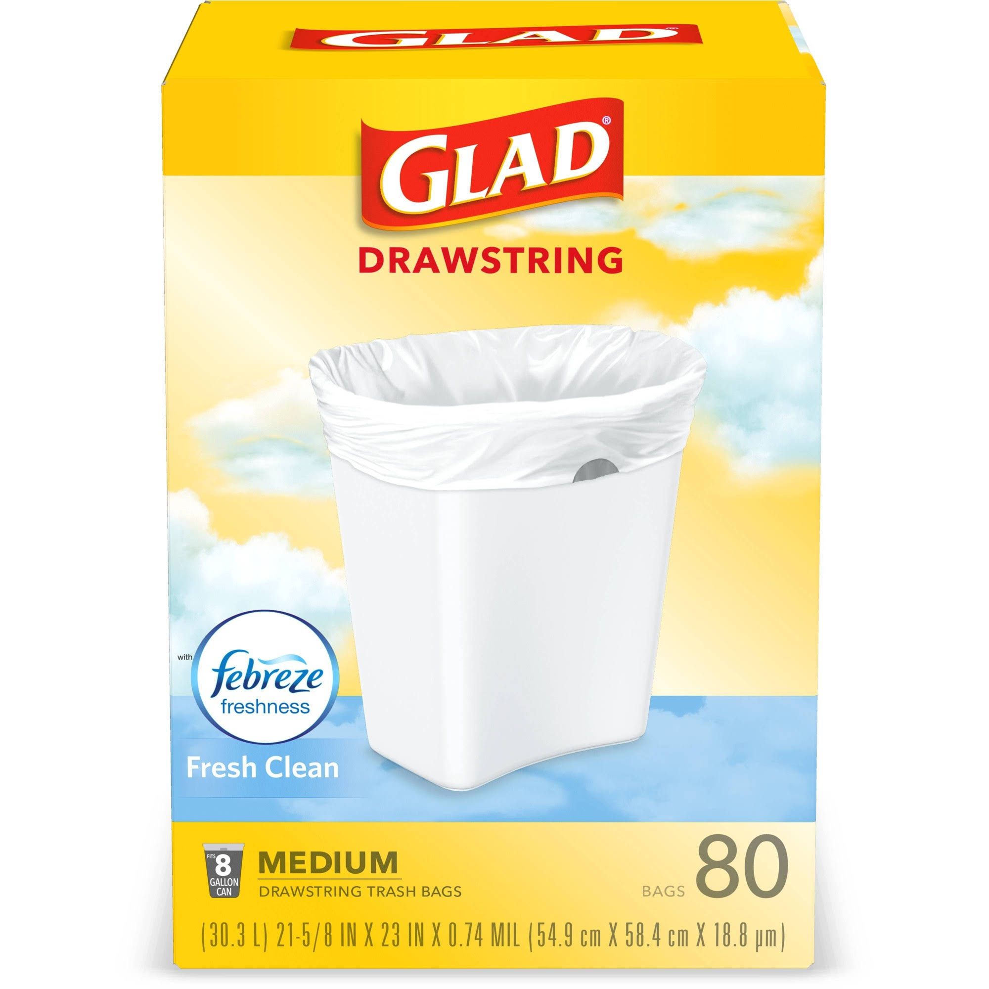 Glad Medium Kitchen Drawstring Trash Bags 8 Gallon White Trash Bag, Fresh Clean Scent, 80 Count