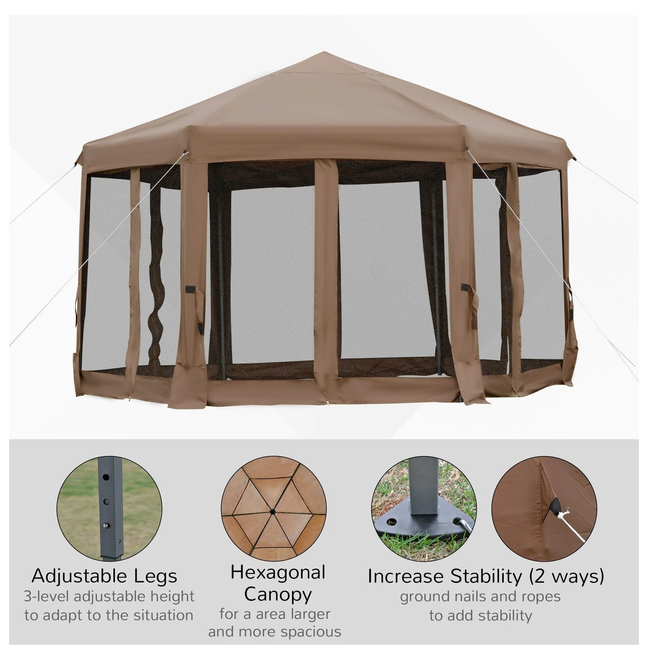 13x13 Pop Up Canopy, Hexagonal Brown Canopy with Mesh Walls Adjustable Outdoor Camping Tent with Steel Frame Stakes - Image 5