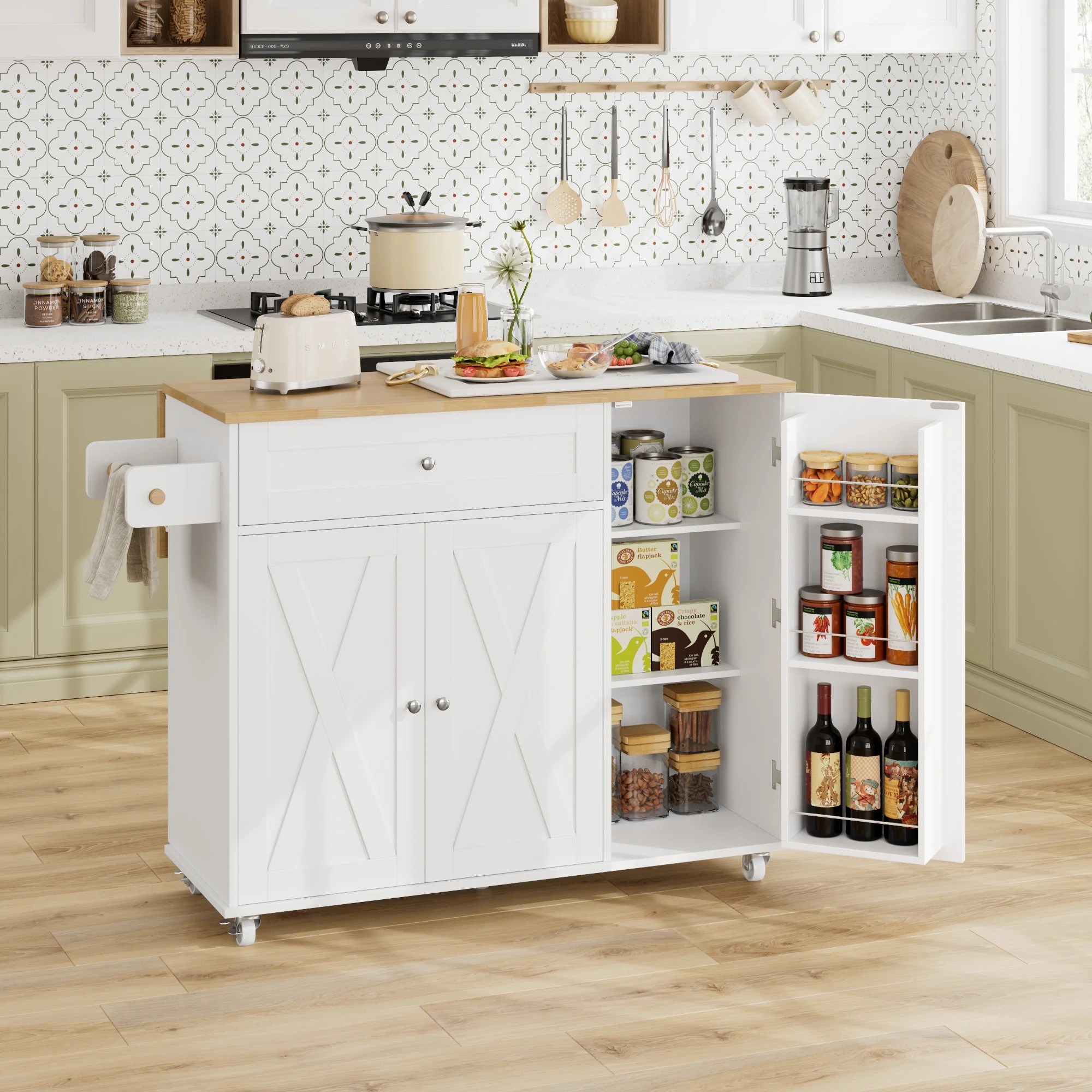 Kitchen Island with Storage, 27.6" W Wood Kitchen Island Cart with Drop Leaf, White Rolling Cart with Lockable Wheels - Image 6