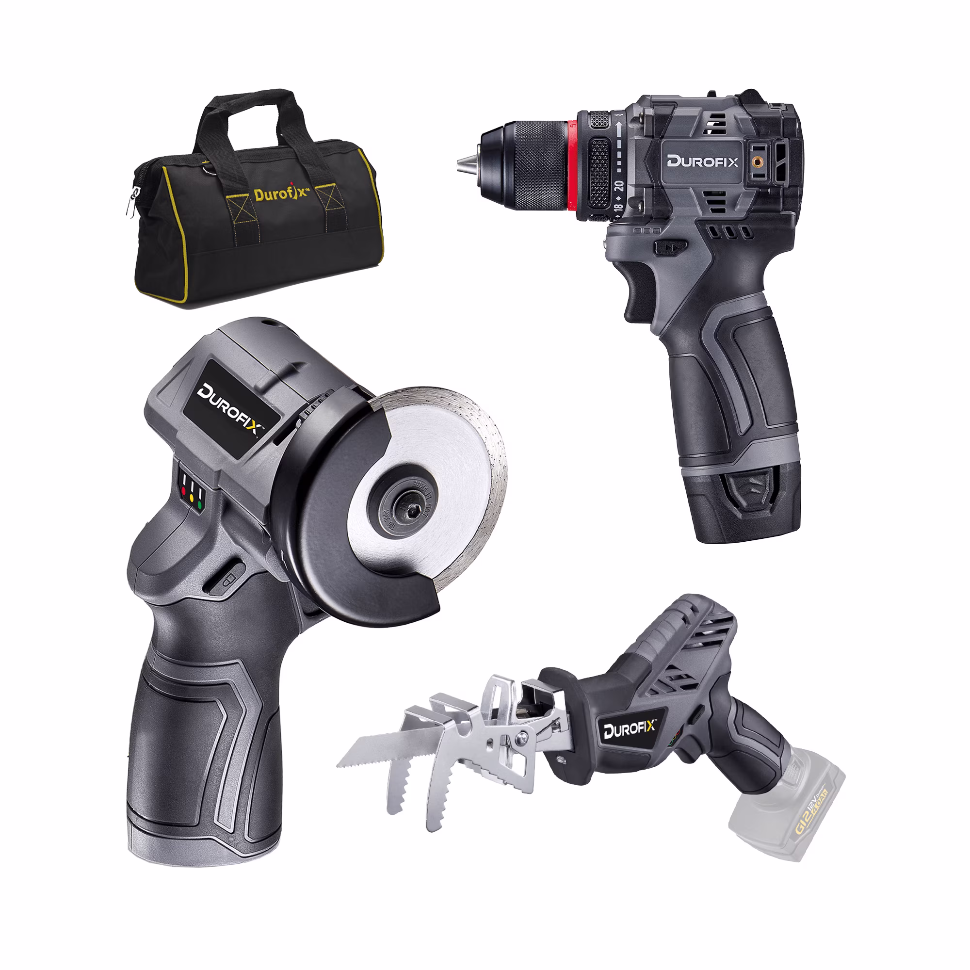 Durofix G12 Series RK12136-2-K2 12V Cordless 3/8 Hammer Drill Power Tool Combo Kit with 3 Inch Compact Cut Off Tool, Reciprocating Saw, 1 Battery & Charger