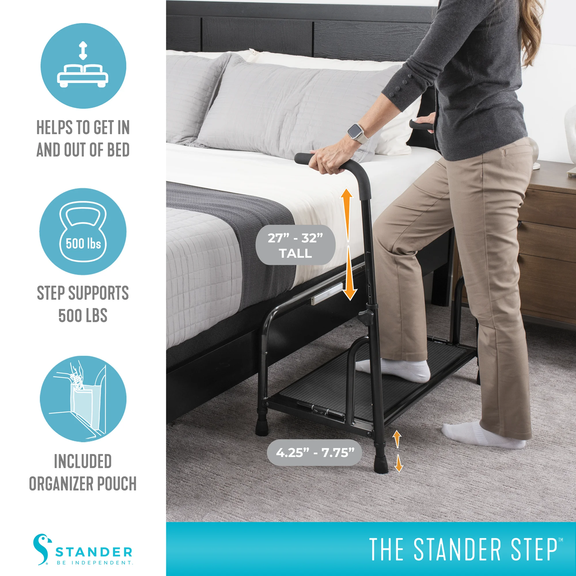 Step Stool, Bed Step with Adjustable Hand Rails for Seniors and Elderly Adults, Extra Wide Heavy Duty Step Ladder, Stepping Stool with Grab Bars and Motion Activated Light, White(White) - Image 10