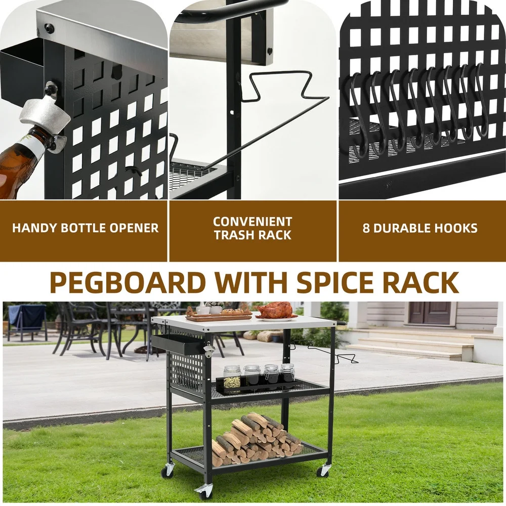 31.5''L x 27.6''W Outdoor Grill Cart Pizza Oven Table w/ 3-Tier Adjustable Shelf