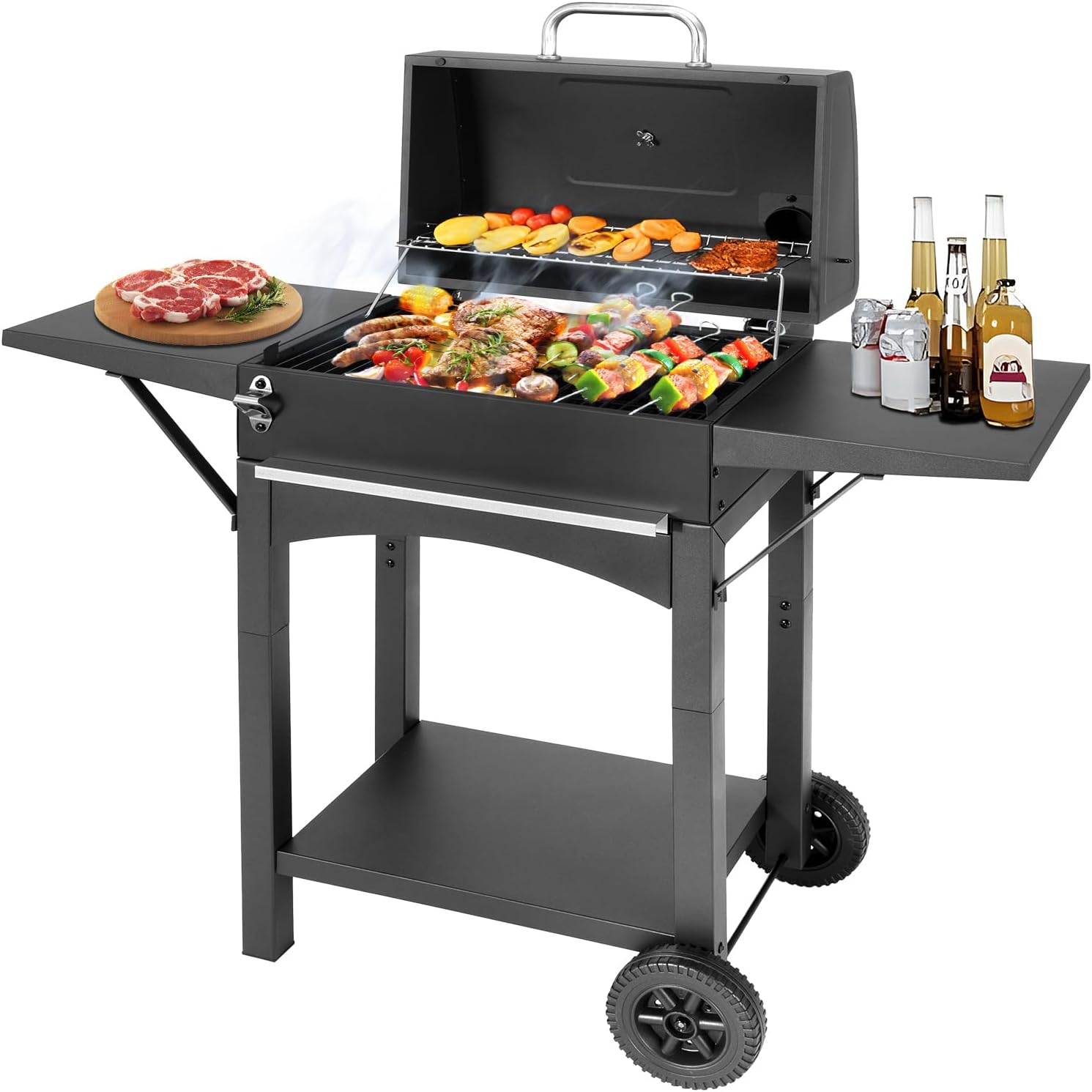 Charcoal Grill with 2 Side Tables 343 Sq.In. for BBQ Outdoor Cooking