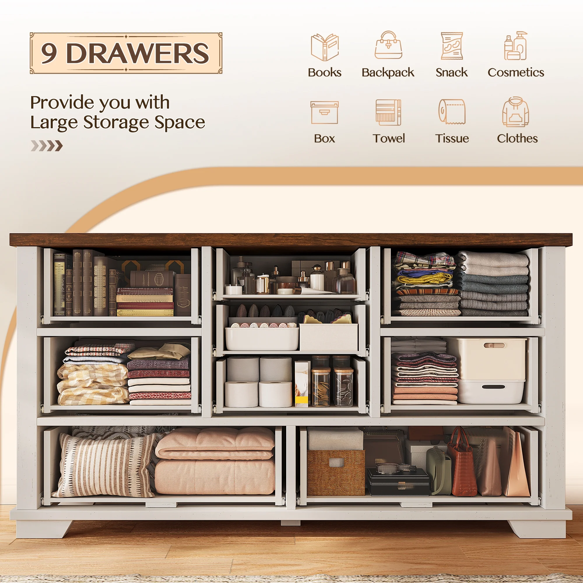 Wood Dressers for Bedroom with 9 Drawers White Dresser Chest of Drawers for Living Room(White/9 Drawers) - Image 5