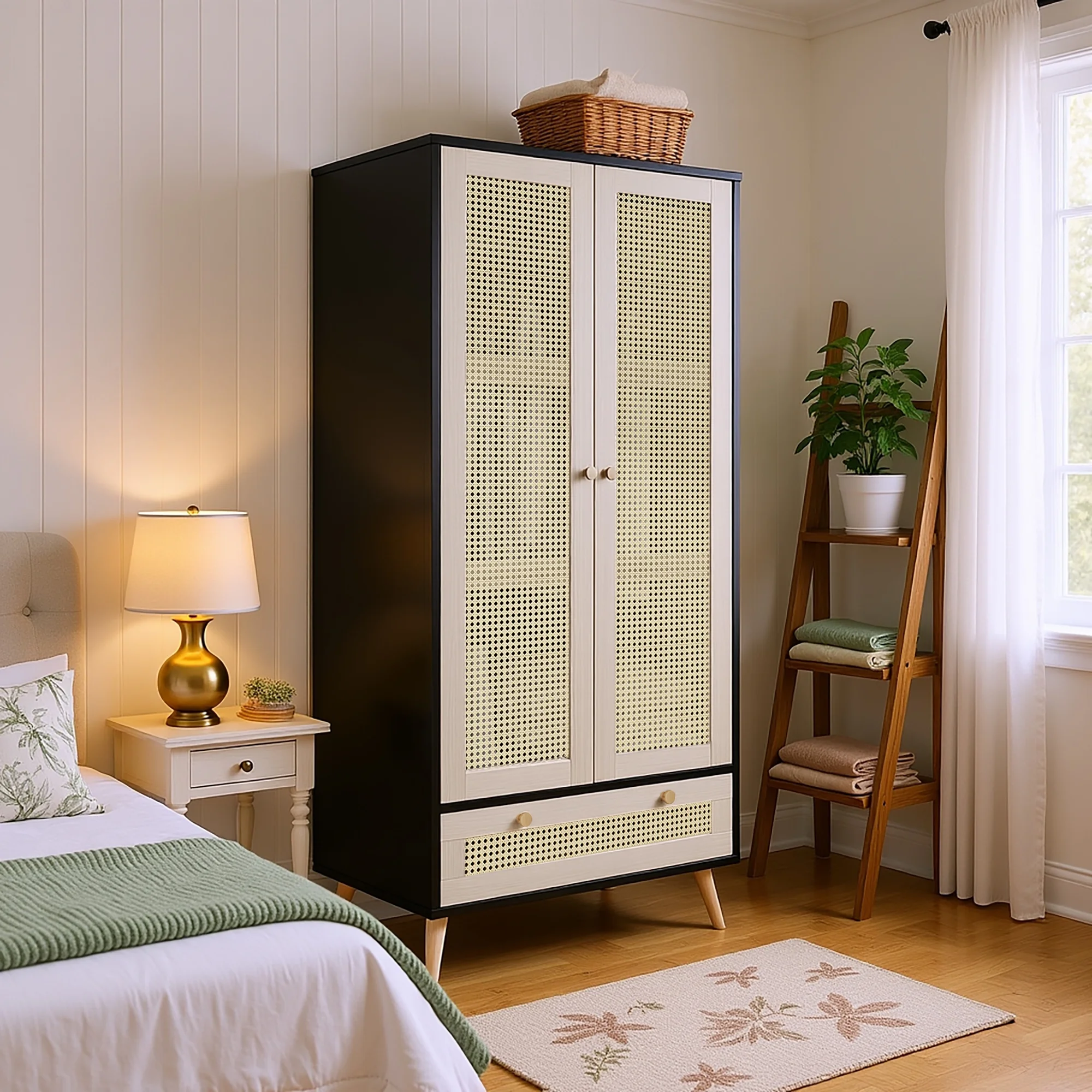 Accent Cabinet with Rattan Doors Drawer, Modern Storage Armoire for Living Room, Bedroom, Natural Wood Finish - Image 3