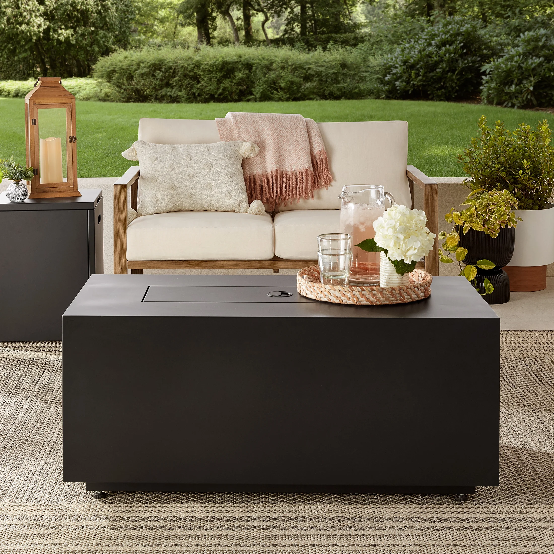 42" Rectangle Black Finish Modern Steel Fire Pit: 42" x 20" 50000 BTU Propane Fire Pit Table with Lid, Tank Hideaway and Cover - Image 2