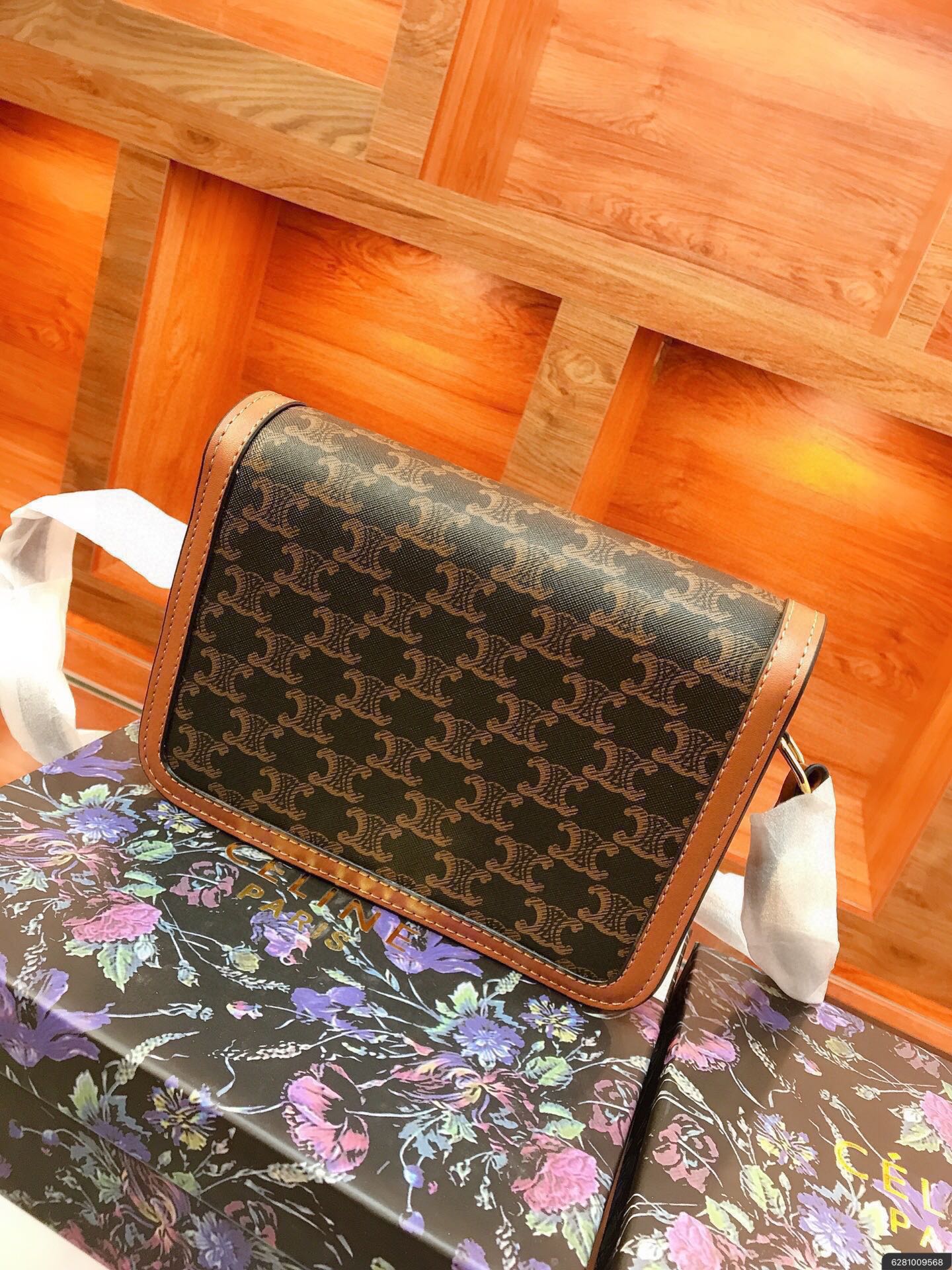 CLASSIQUE TRIOMPHE BAG IN TRIOMPHE CANVAS AND CALFSKIN TAN