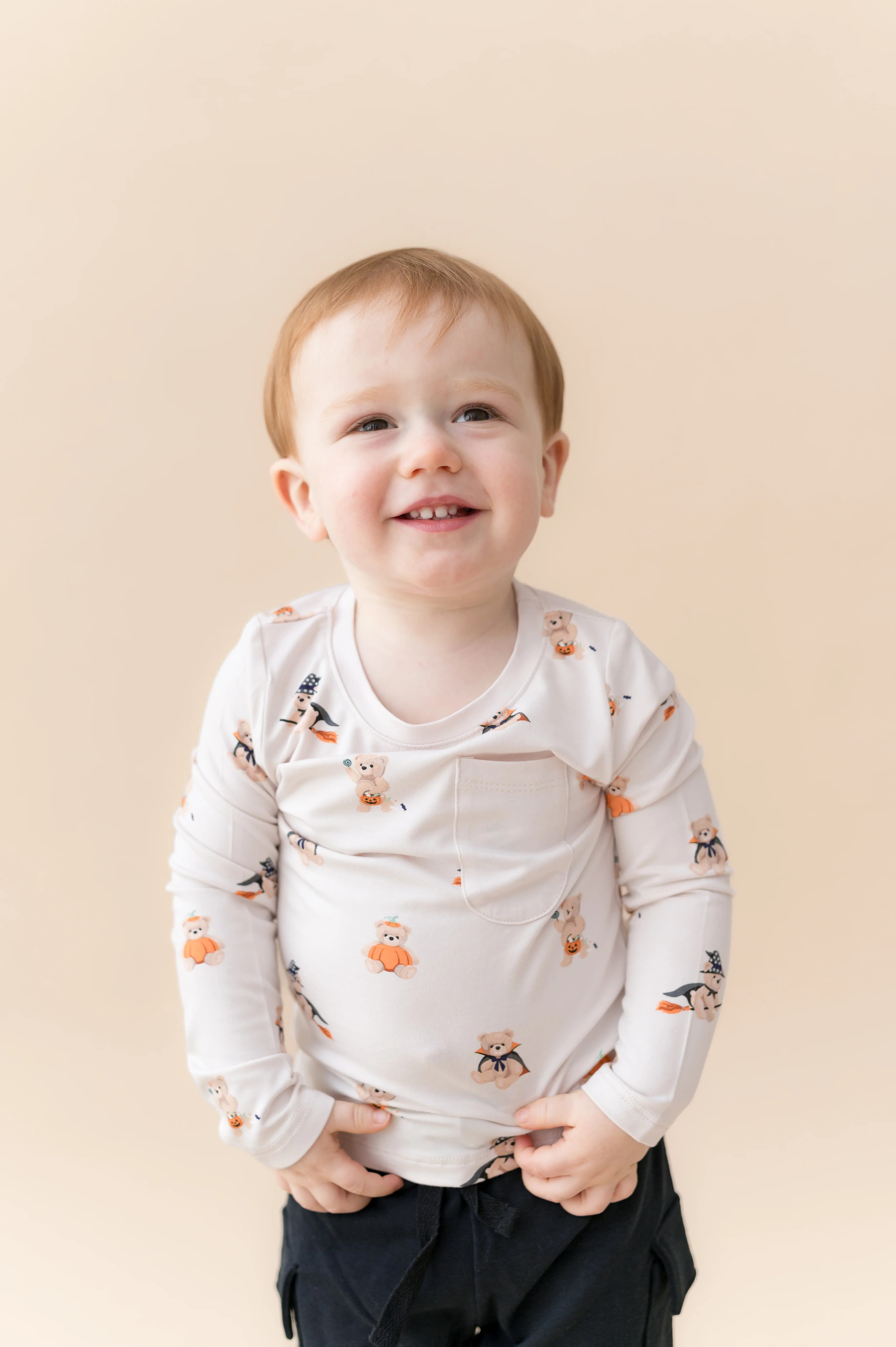 Long Sleeve Toddler Crew Neck Tee in Halloween Teddy