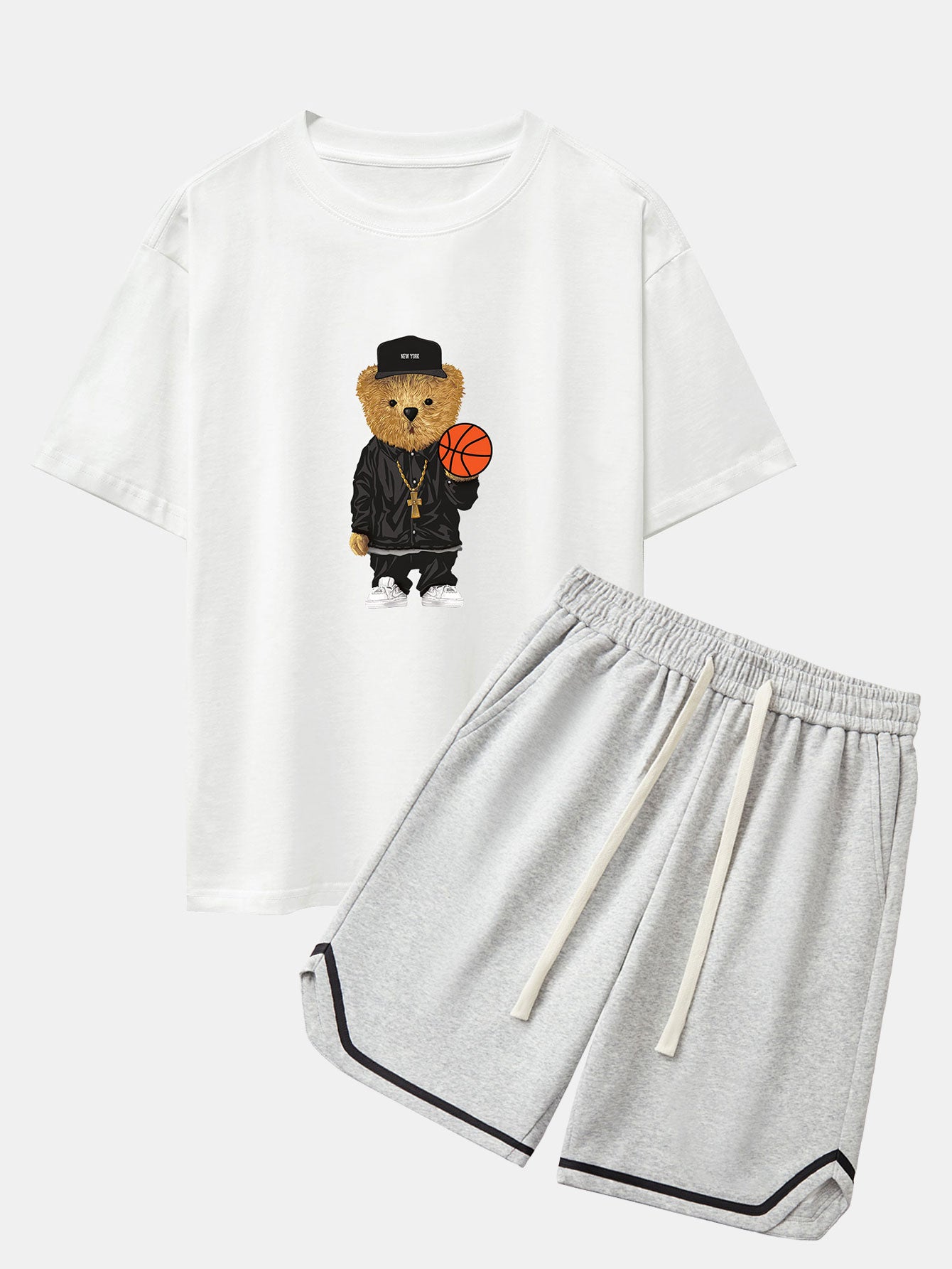 T-shirt oversize à épaules tombantes imprimé ours et short de basket-ball