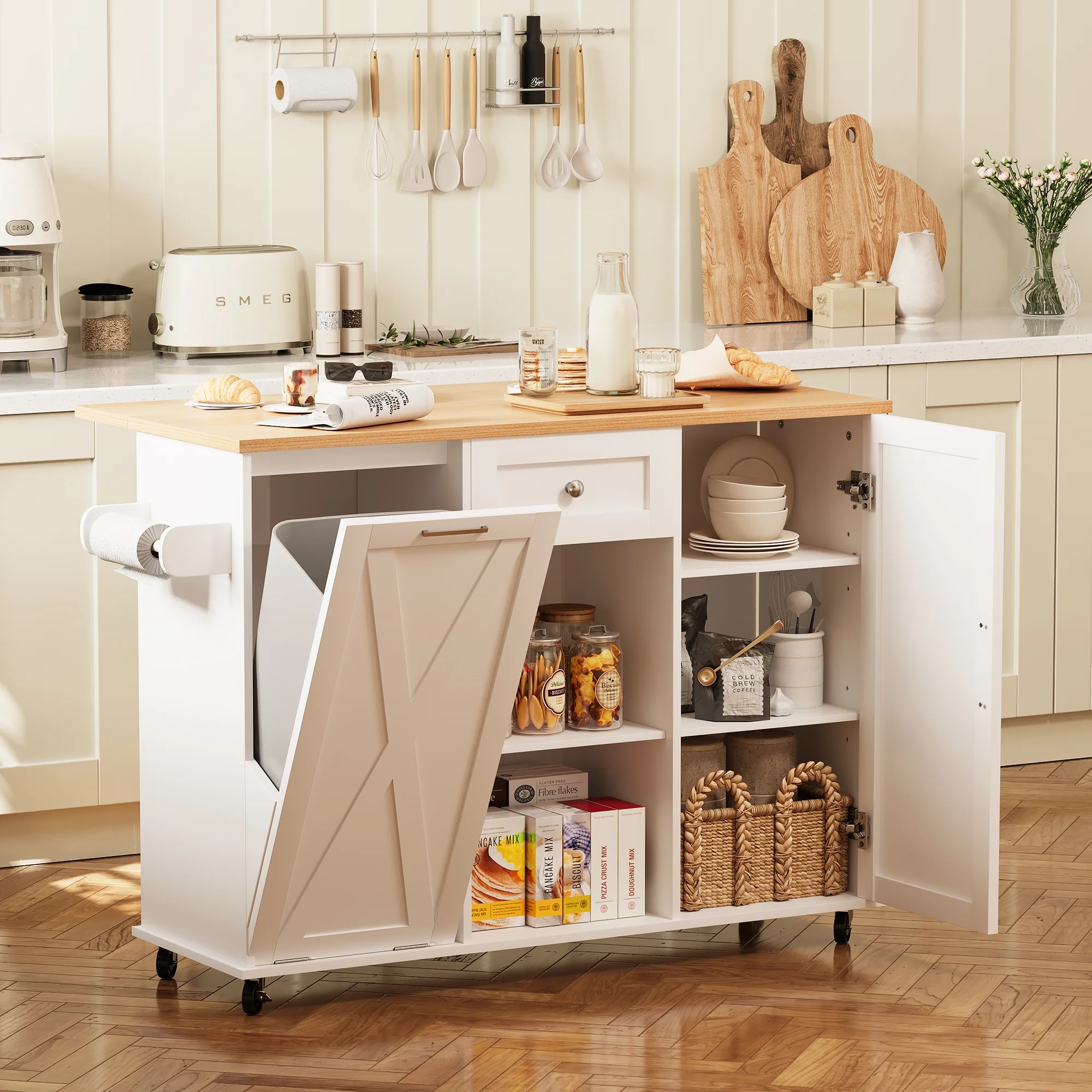 48" Kitchen Island Cart with Drop Leaf, 10 Gallon Storage and Tilt Out Trash Can Cabinet, Portable Kitchen Island with Wheels Drawer and Adjustable Shelves for Kitchen, White(White) - Image 9