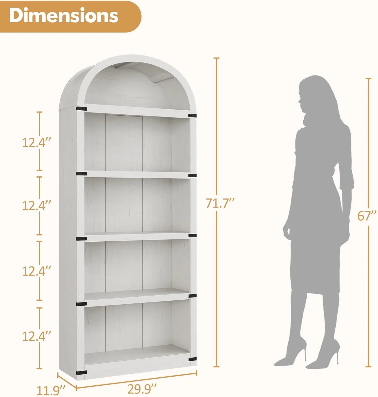 Bookcase 5 Shelf Arched Bookshelf 71.65in Tall Bookcase Farmhouse Display Storage Rack Wooden Bookshelves for Home Office, Living Room(White)