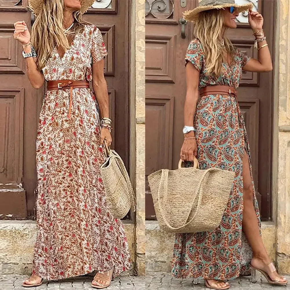 Robe longue cachemire à imprimé pour femme, été, col en V, confortable