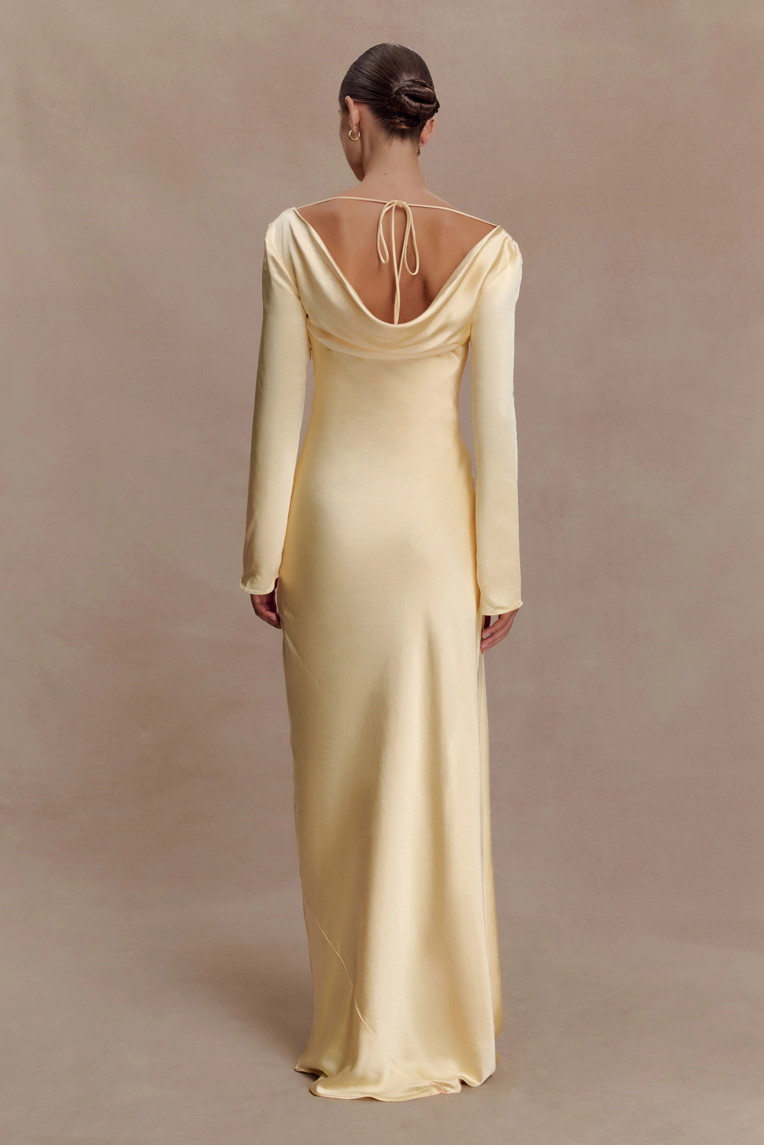 Eliza Long Sleeve Cowl Lace And Satin Maxi Dress - Lemon