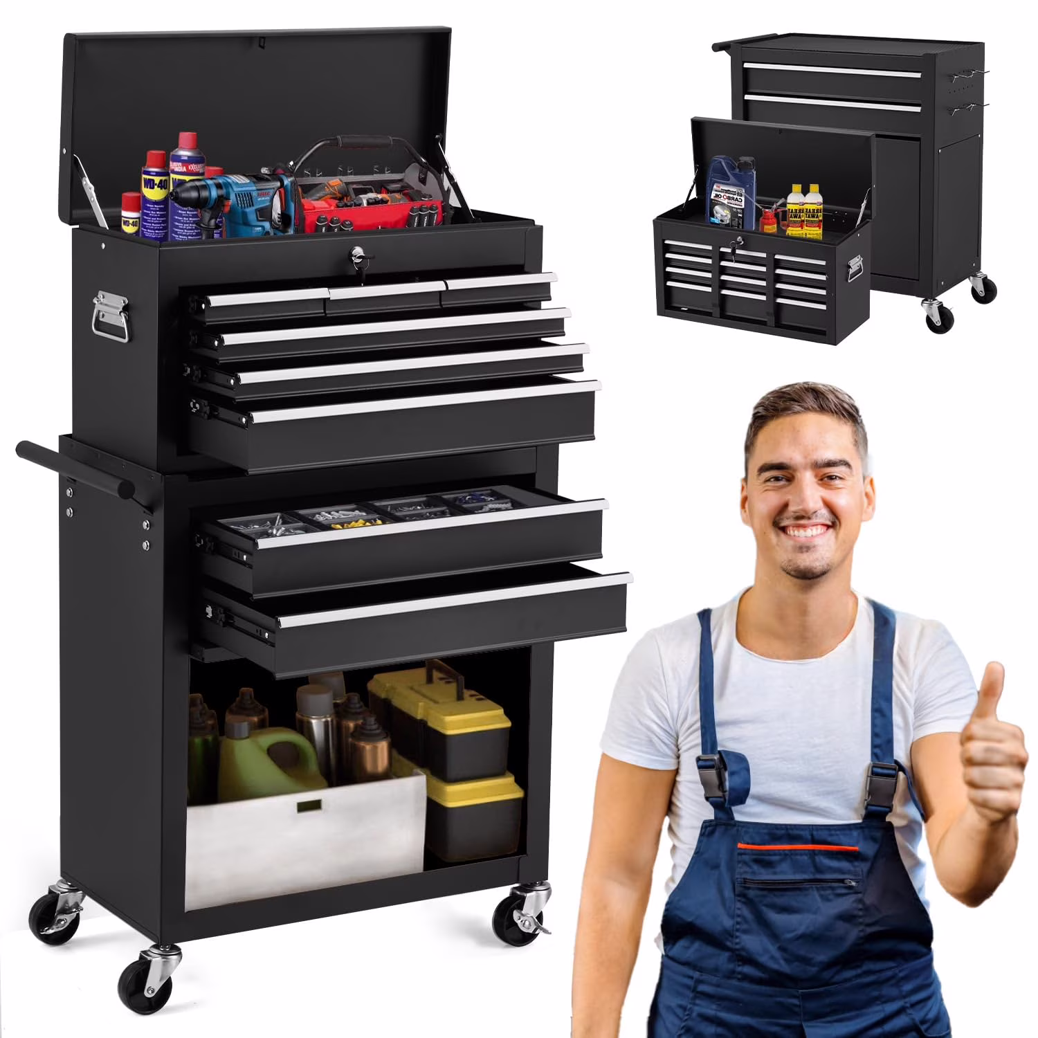AECOJOY 8-Drawer Rolling Tool Chest, Large Tool Cabinet with Universal Lockable Wheels, Detachable Toolbox Storage for Garage, Repair Shop, Workshop, Black
