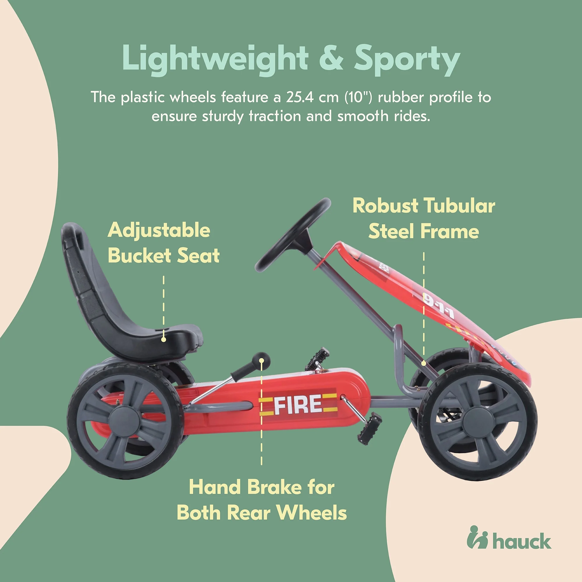 Speedster Pedal Go Kart w/ Adjustable Bucket Seat for Kids Ages 4 to 8, Fire Rescue(Red, Fire Engine) Image 6