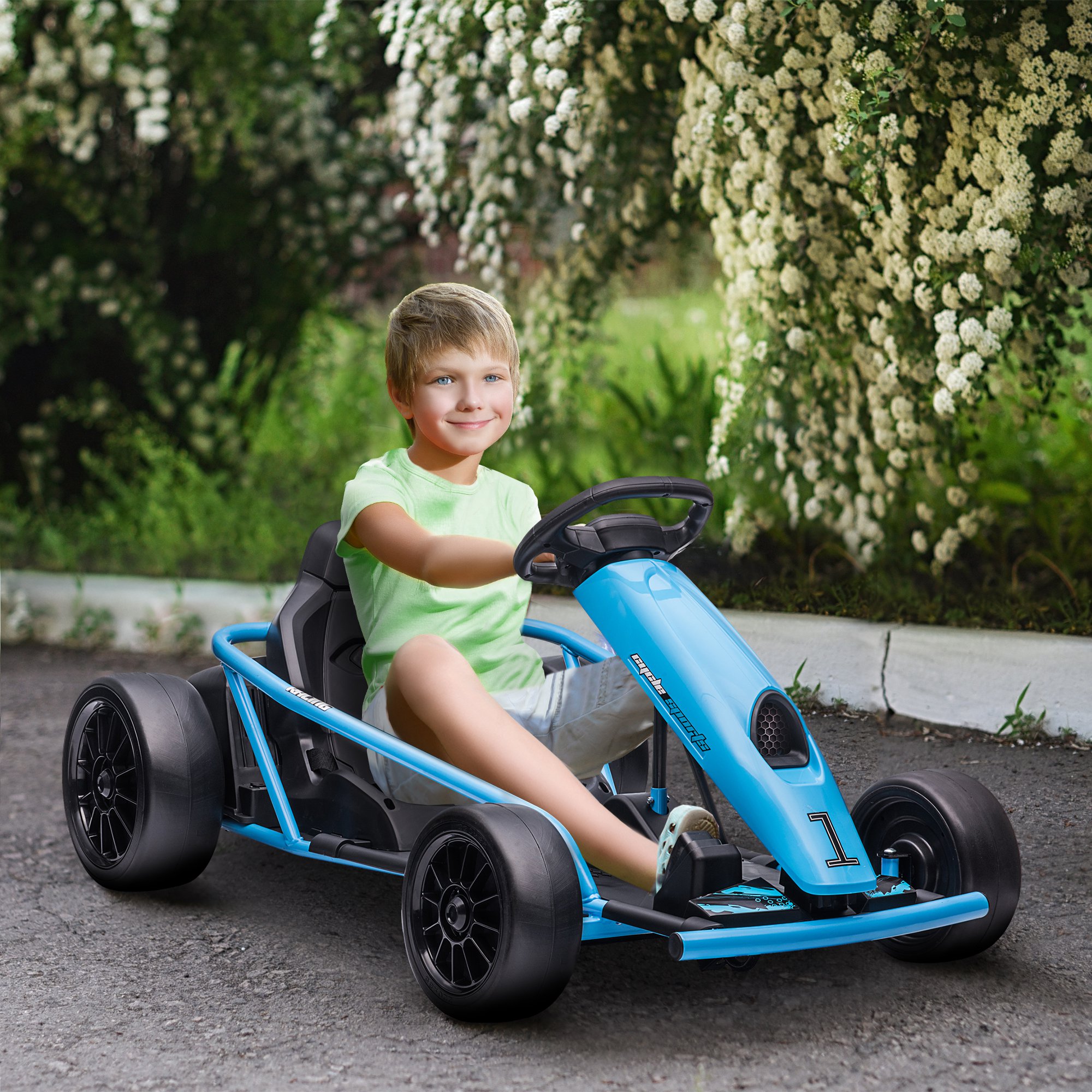 HOMCOM Elektrische Go-kart voor Kinderen, Driftfunctie, Claxon, Muziek, Veiligheidsgordel, Soft-Start, Blauw/Zwart