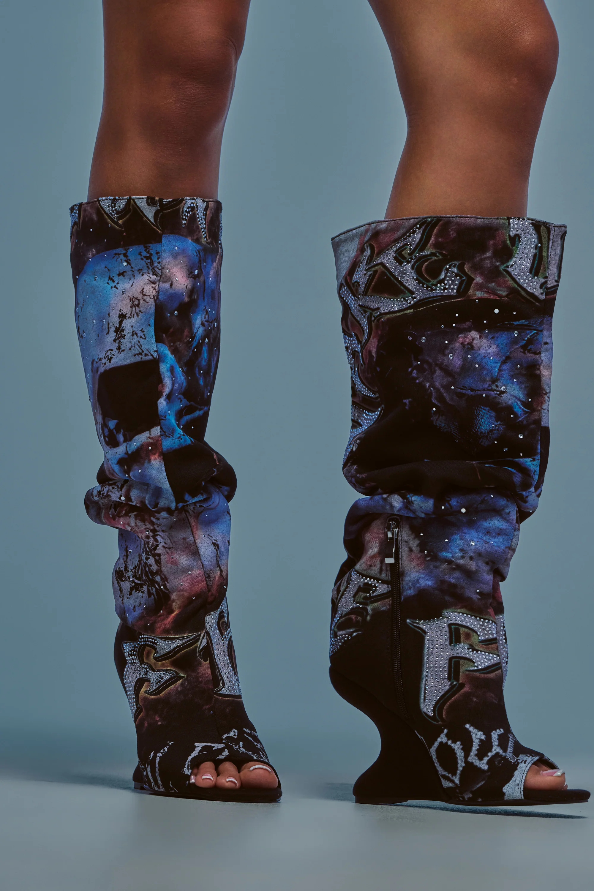 AKIRA GOLD NINE LIVES GRAPHIC OPEN TOE WEDGE BOOT - Akira Store