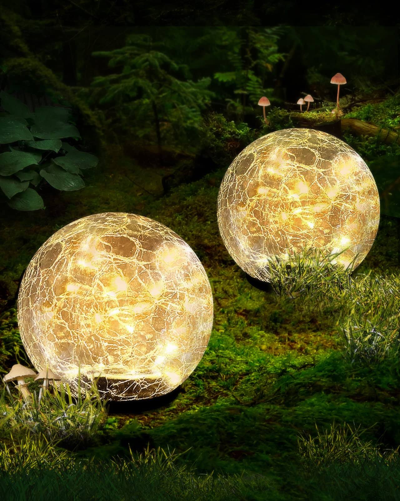 Coroor Garden Solar Ball Lights Outdoor Waterproof, 50 LED Cracked Glass Globe Solar Power Ground Lights for Path Yard Patio Lawn, Hall
